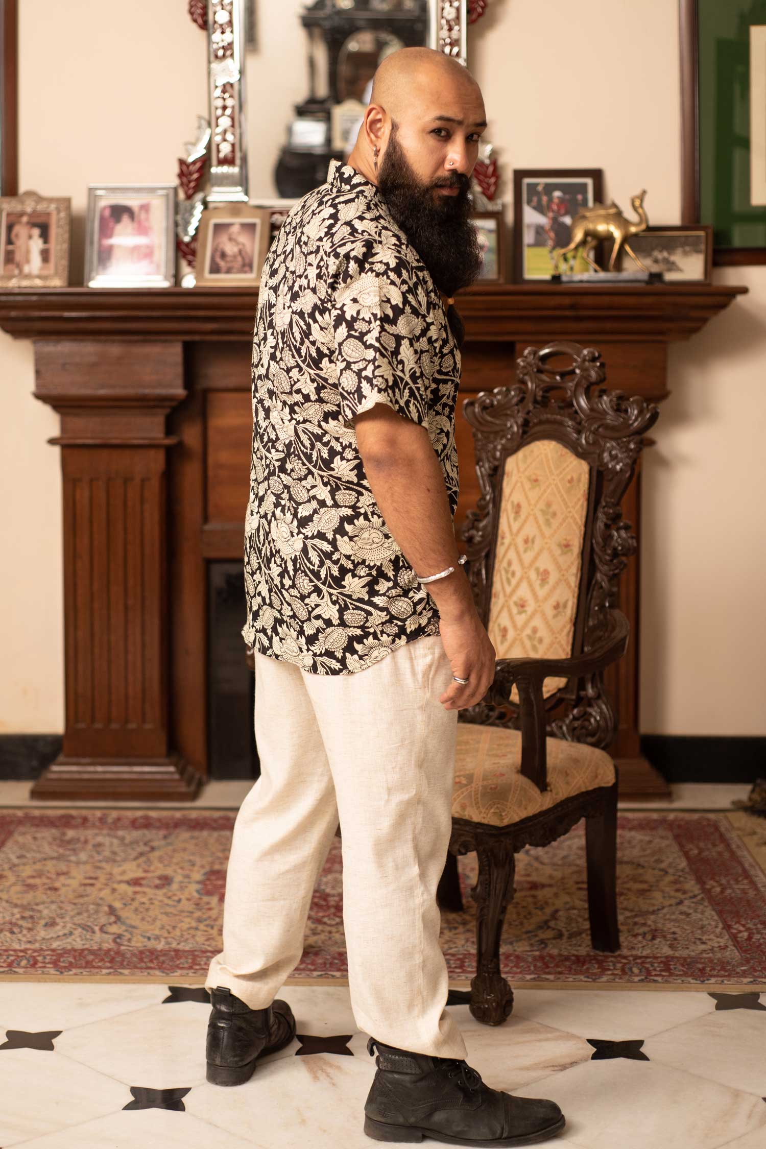 Inked Beige - Black and Beige Floral Cuban Collar Shirt