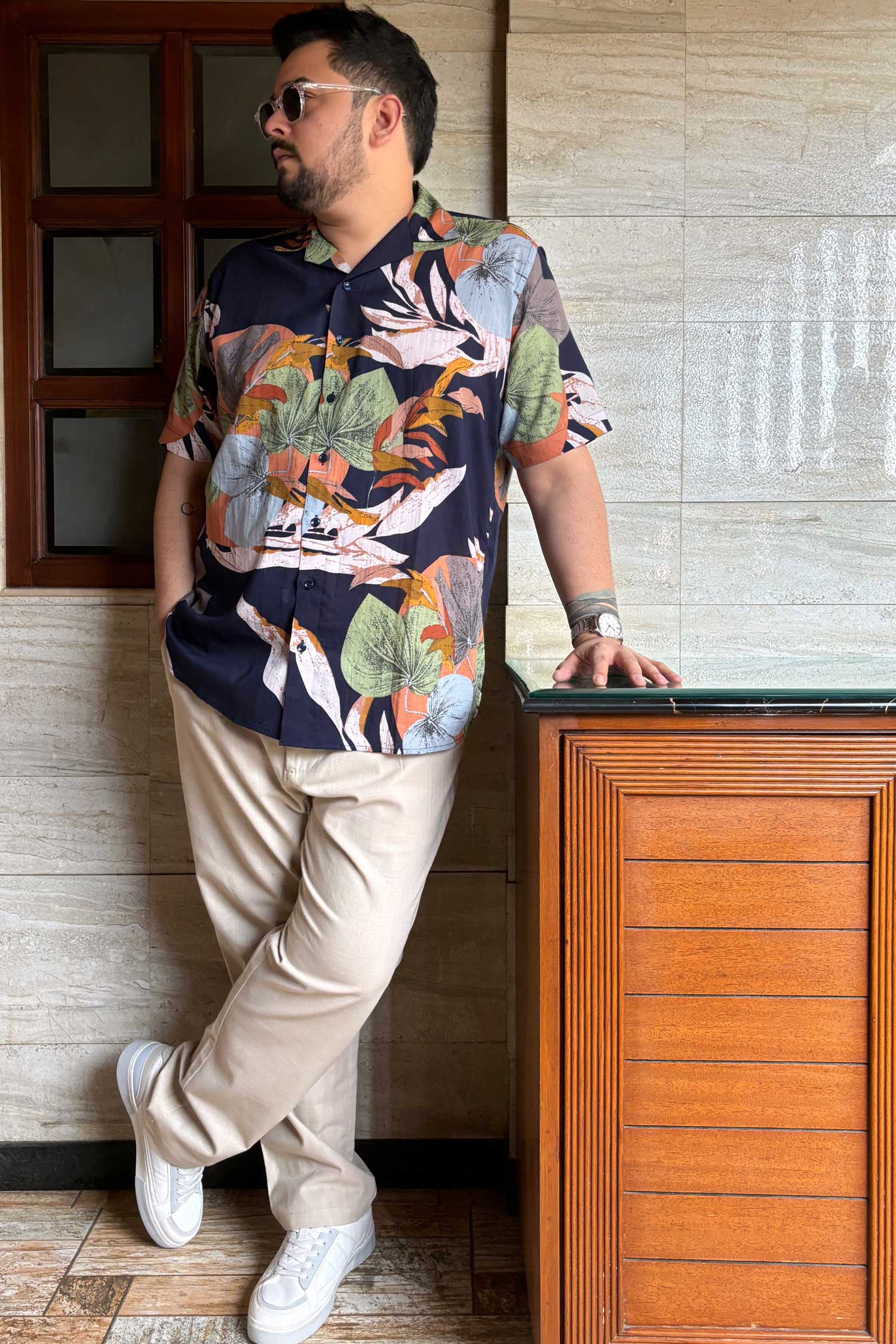 Tropical Blue - Navy Blue Tropical printed Cuban collar shirt