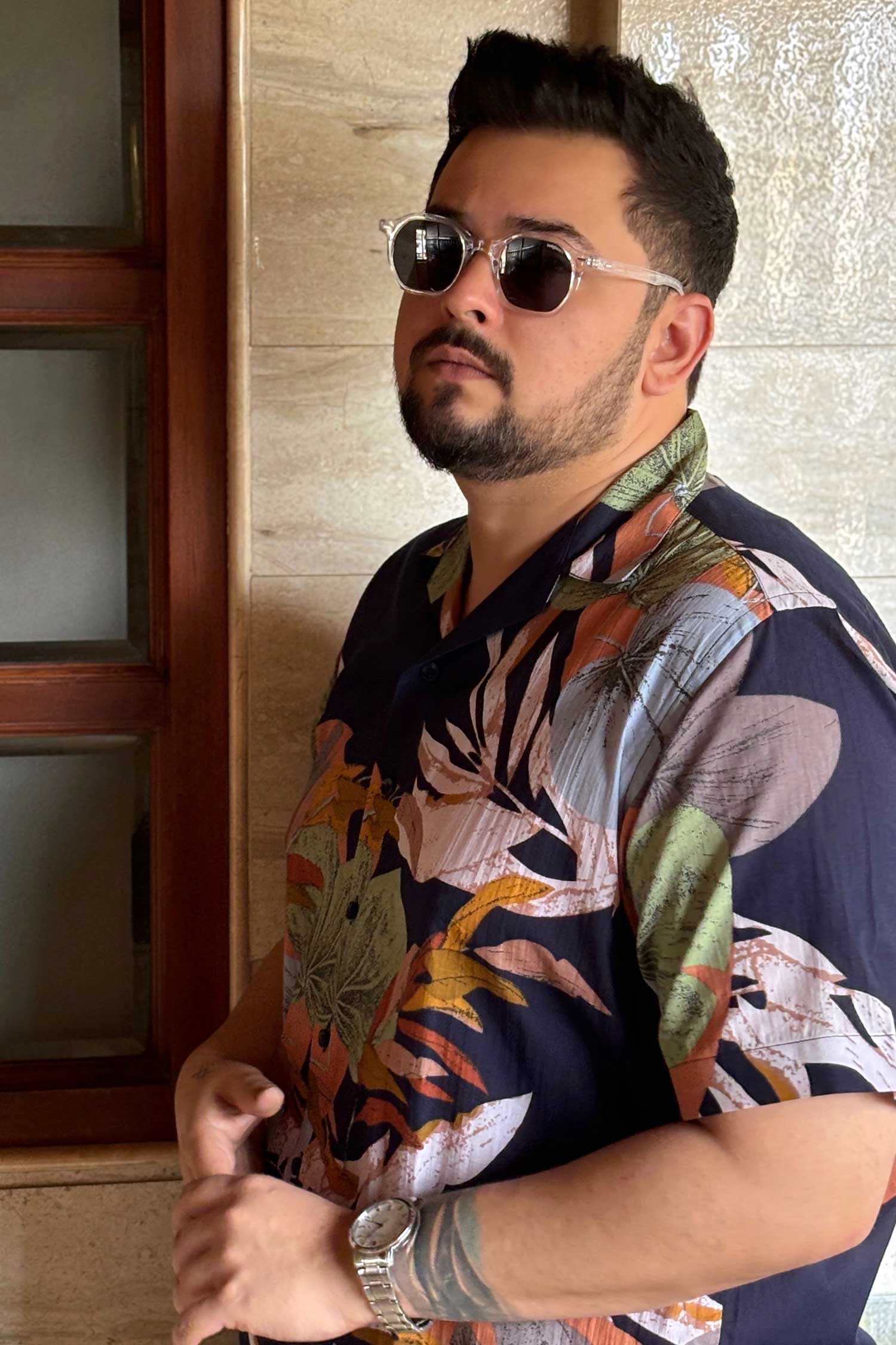 Tropical Blue - Navy Blue Tropical printed Cuban collar shirt