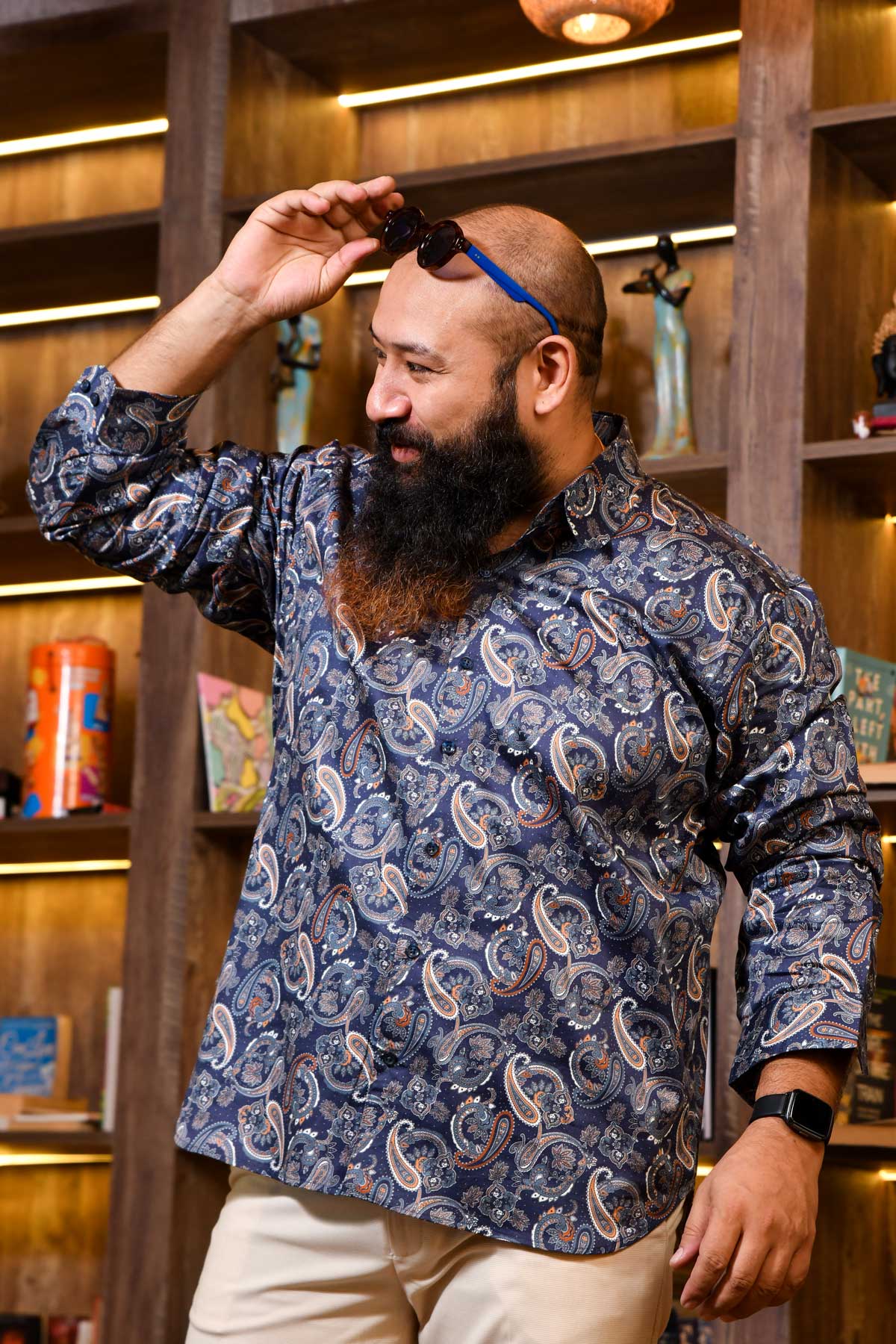 Wave - Navy Blue Printed Club Collar Giza Shirt