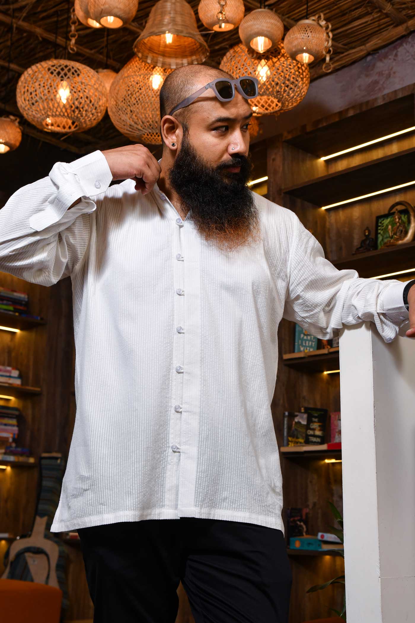 Shwet - White Texture Loop Button Closure Shirt