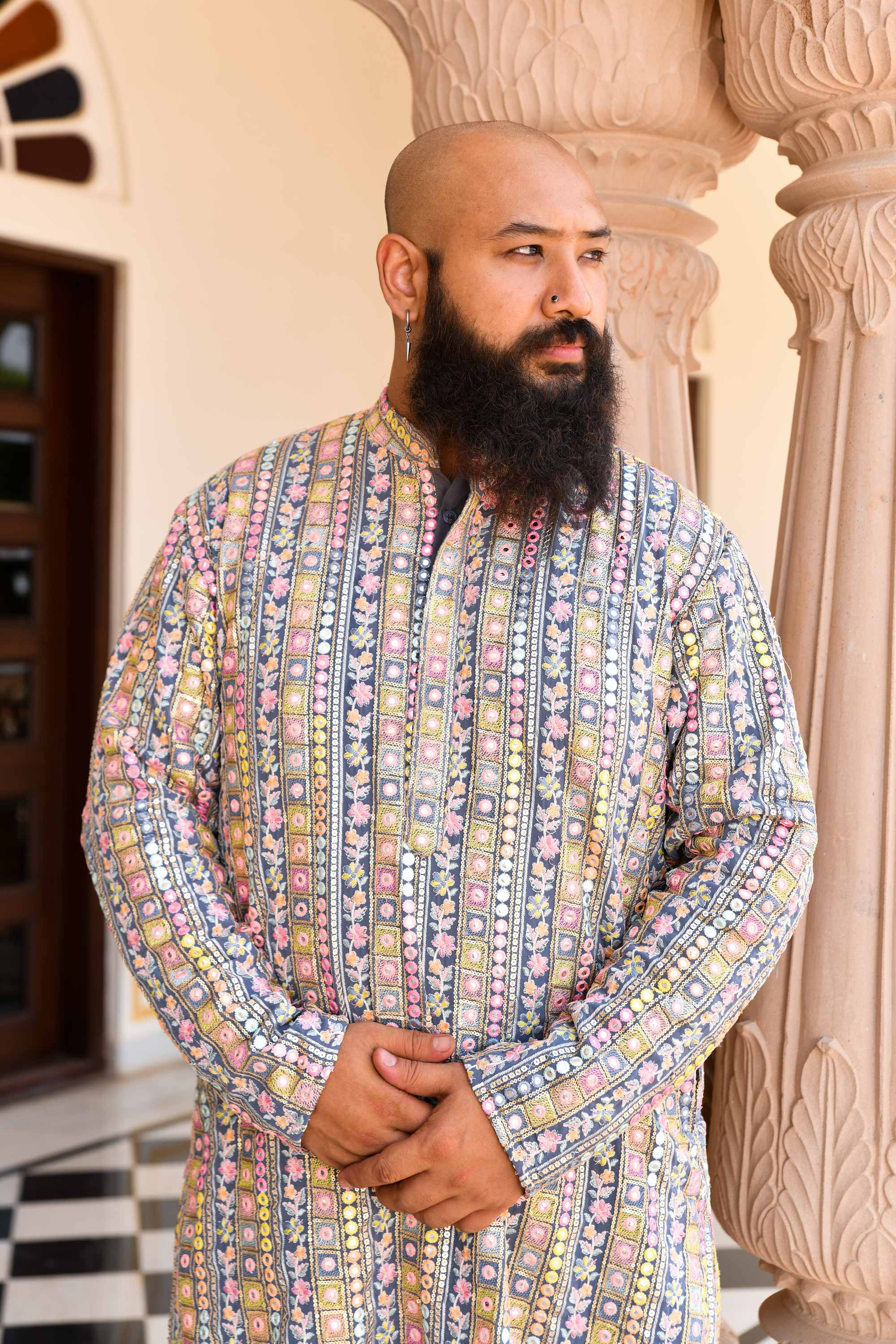 Moonlit -Grey Mirror Embroidered Kurta Set