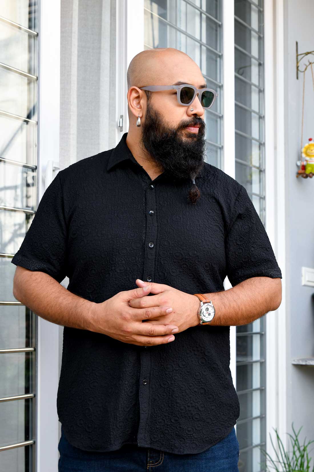 Black Ebony - Black Self Textured Stretchable Half Sleeve Shirt