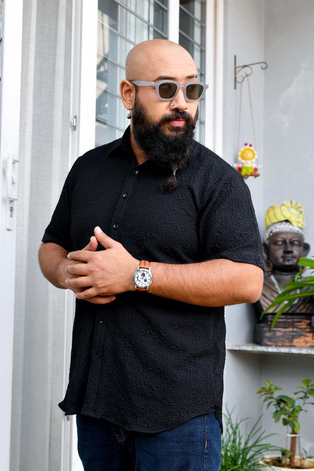 Black Ebony - Black Self Textured Stretchable Half Sleeve Shirt