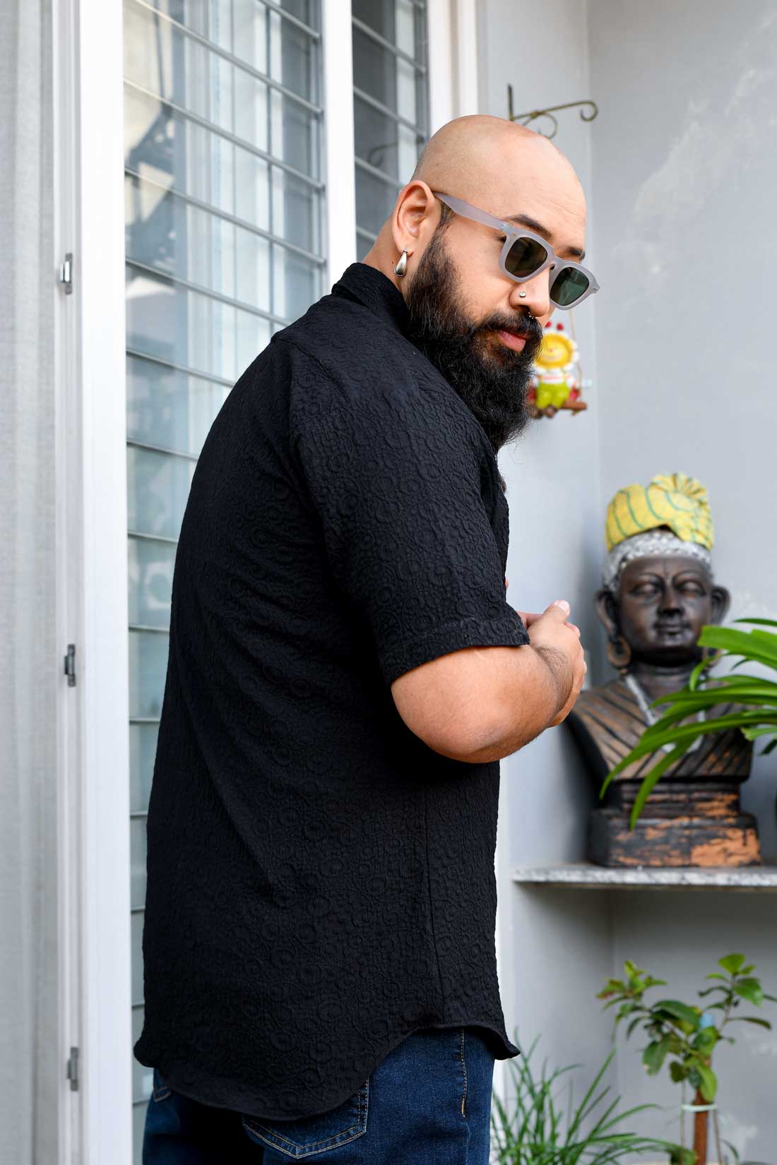 Black Ebony - Black Self Textured Stretchable Half Sleeve Shirt