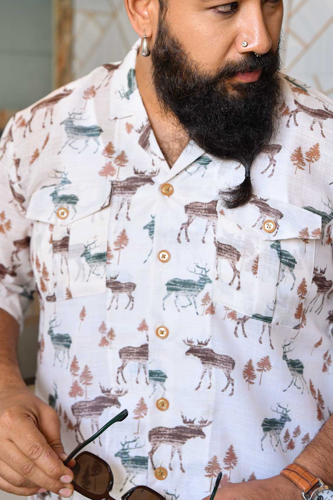 Everwood - White Printed classical Linen Blend Shirt