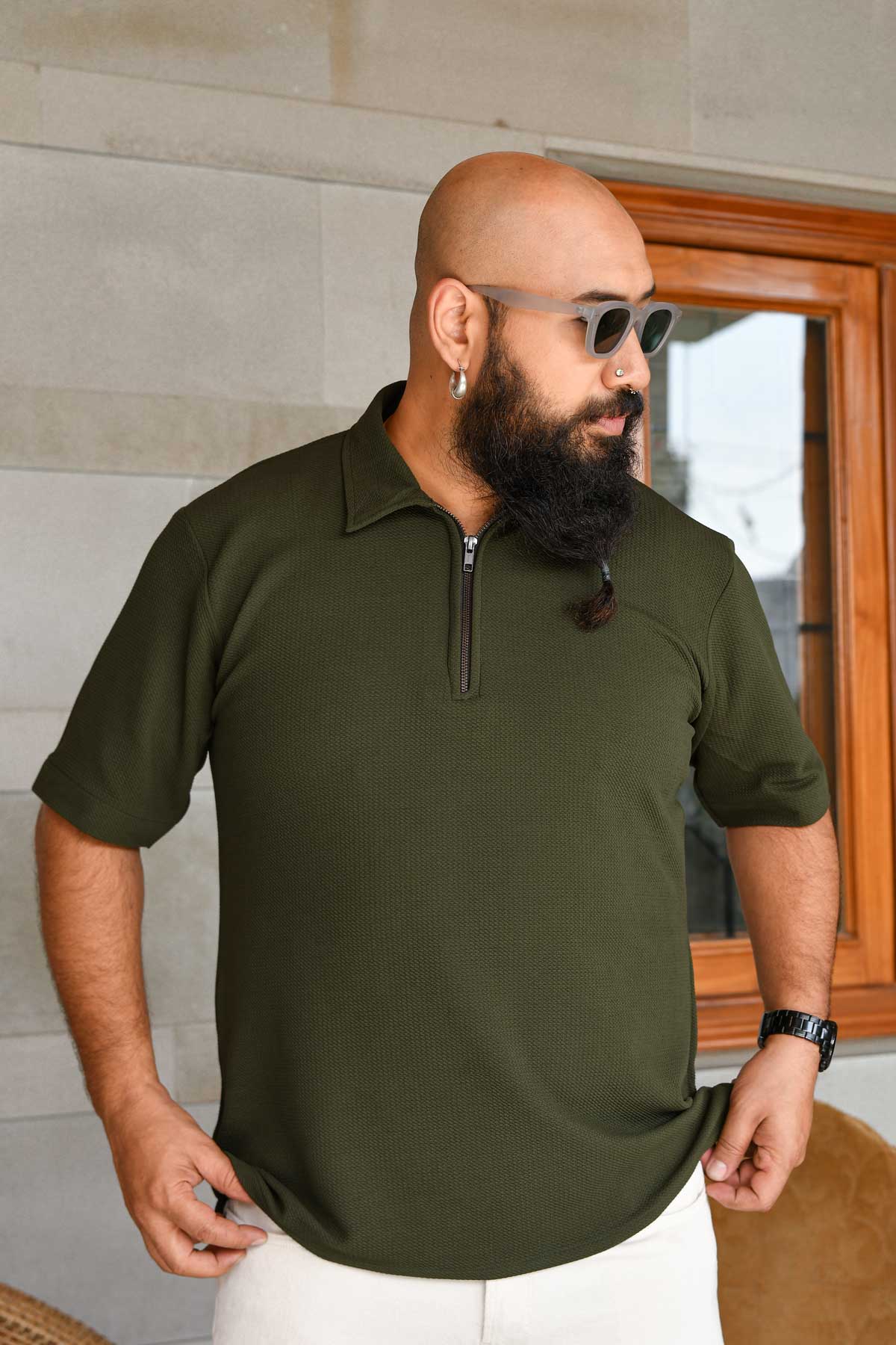 Olive - Olive Green Textured Lycra 4-way Stretchable Zipper Half Sleeve T- Shirt
