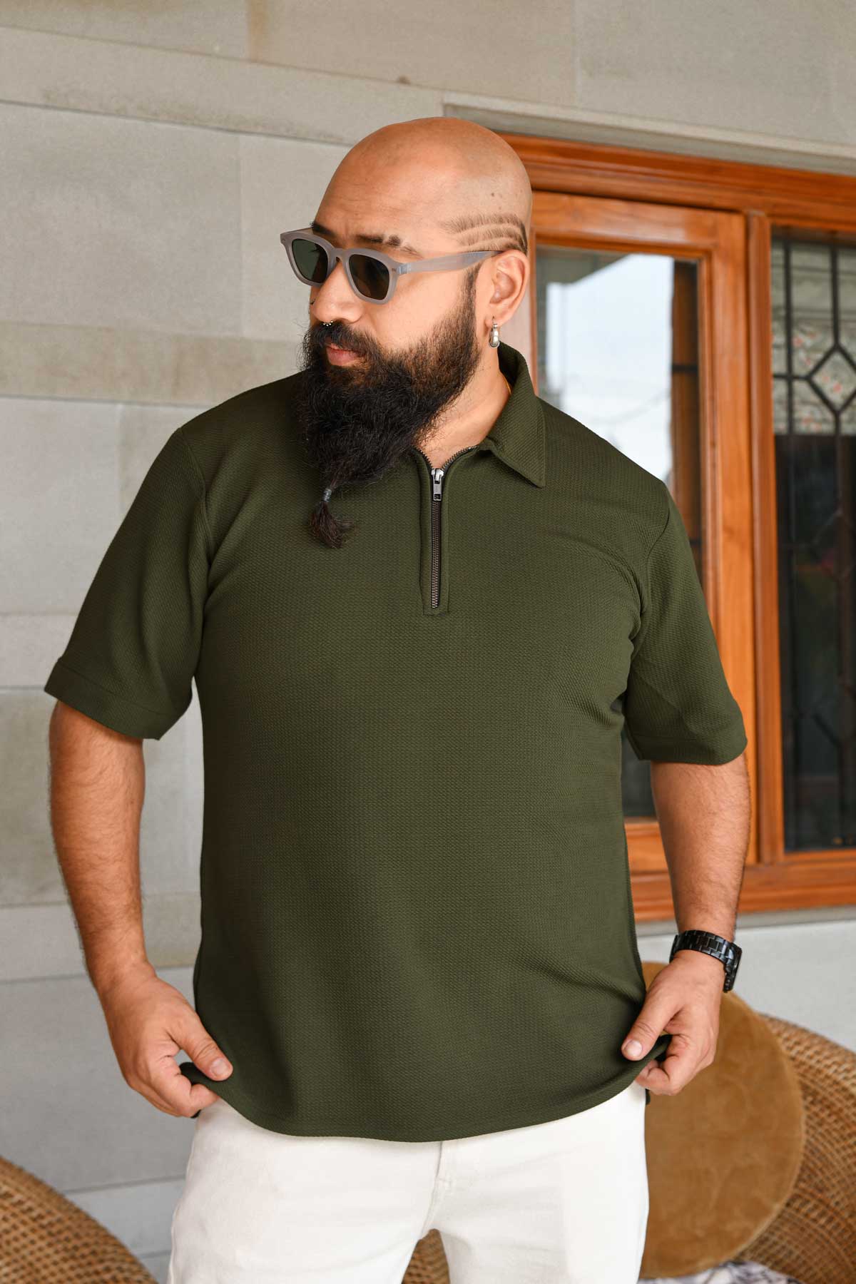 Olive - Olive Green Textured Lycra 4-way Stretchable Zipper Half Sleeve T- Shirt