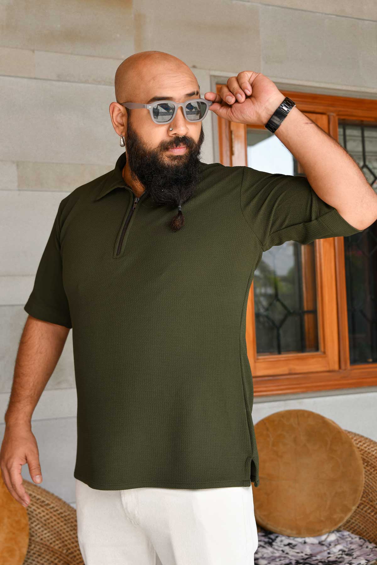 Olive - Olive Green Textured Lycra 4-way Stretchable Zipper Half Sleeve T- Shirt