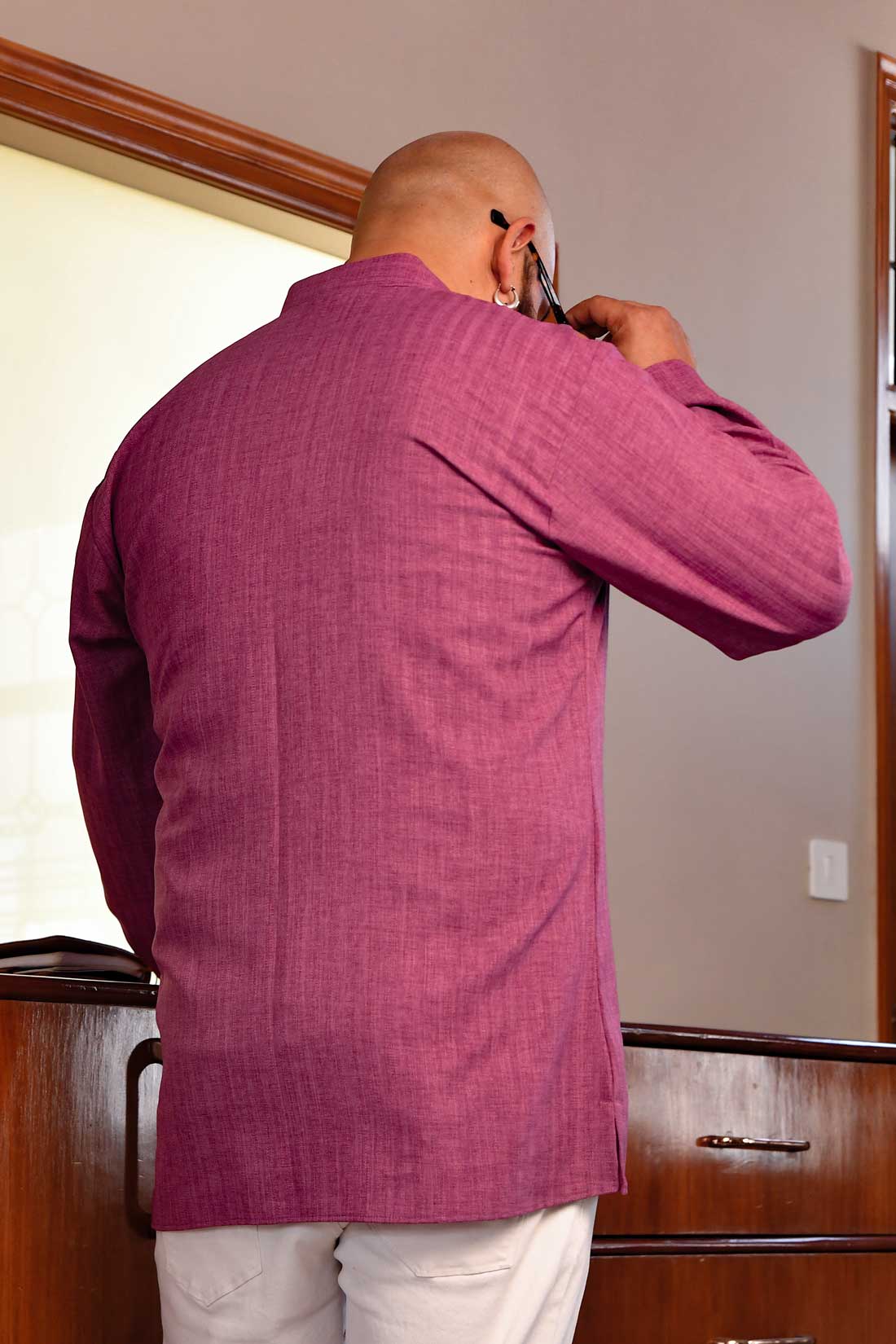 Light Burgrundy Self Texture Striped Short Kurta