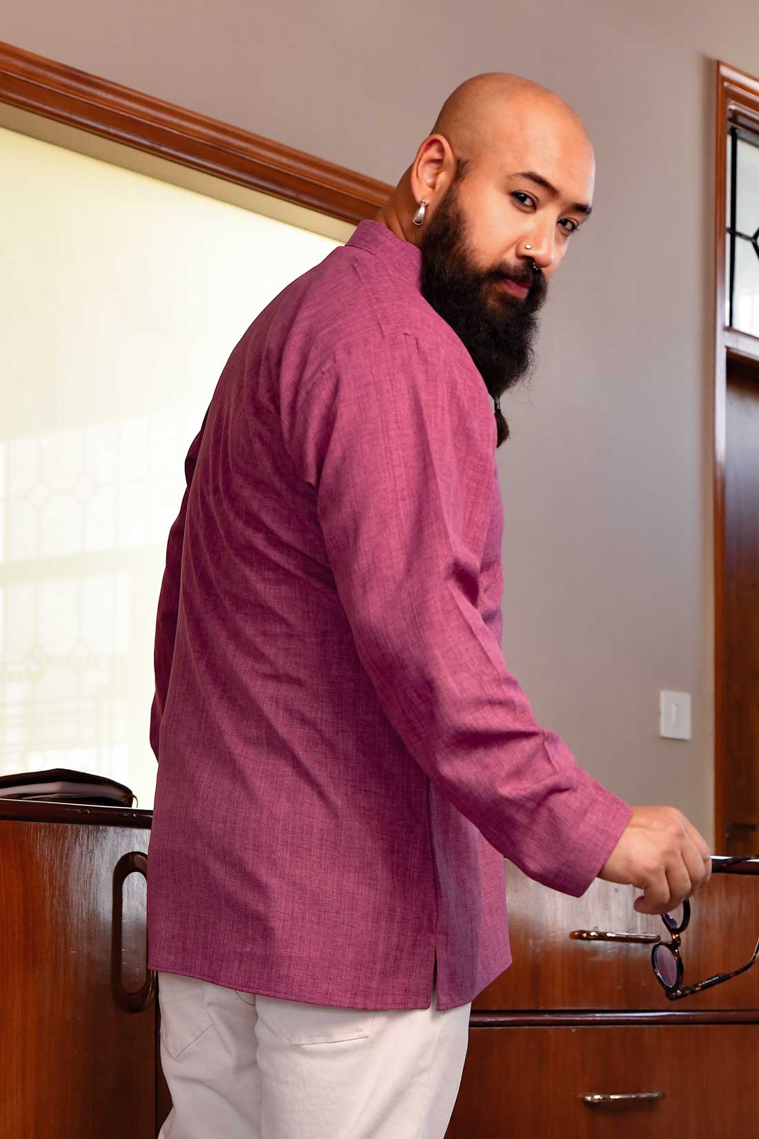Light Burgrundy Self Texture Striped Short Kurta