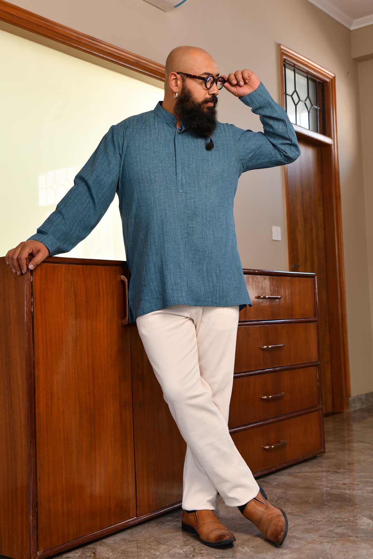 Slate Blue Self Texture Striped Short Kurta