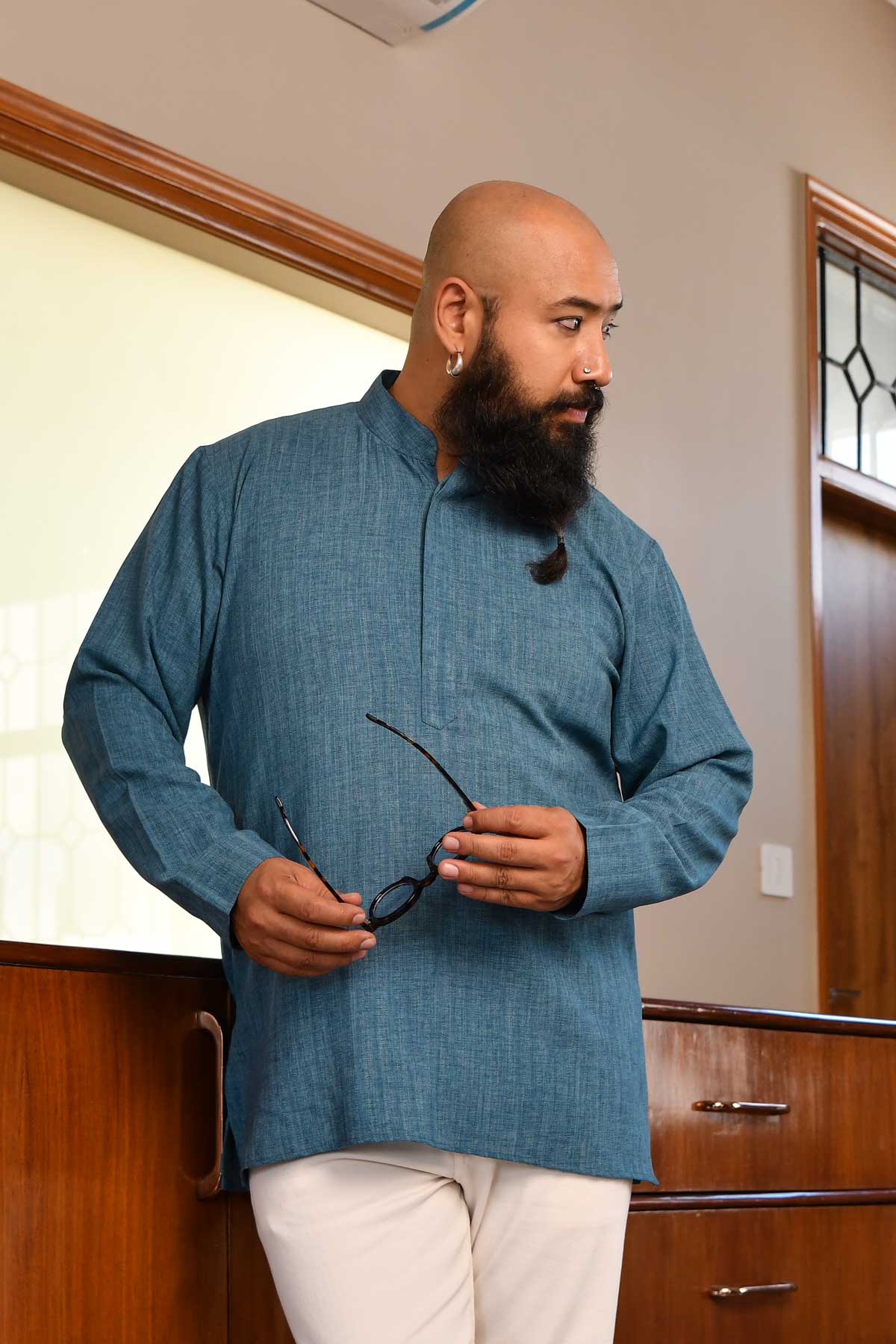 Slate Blue Self Texture Striped Short Kurta