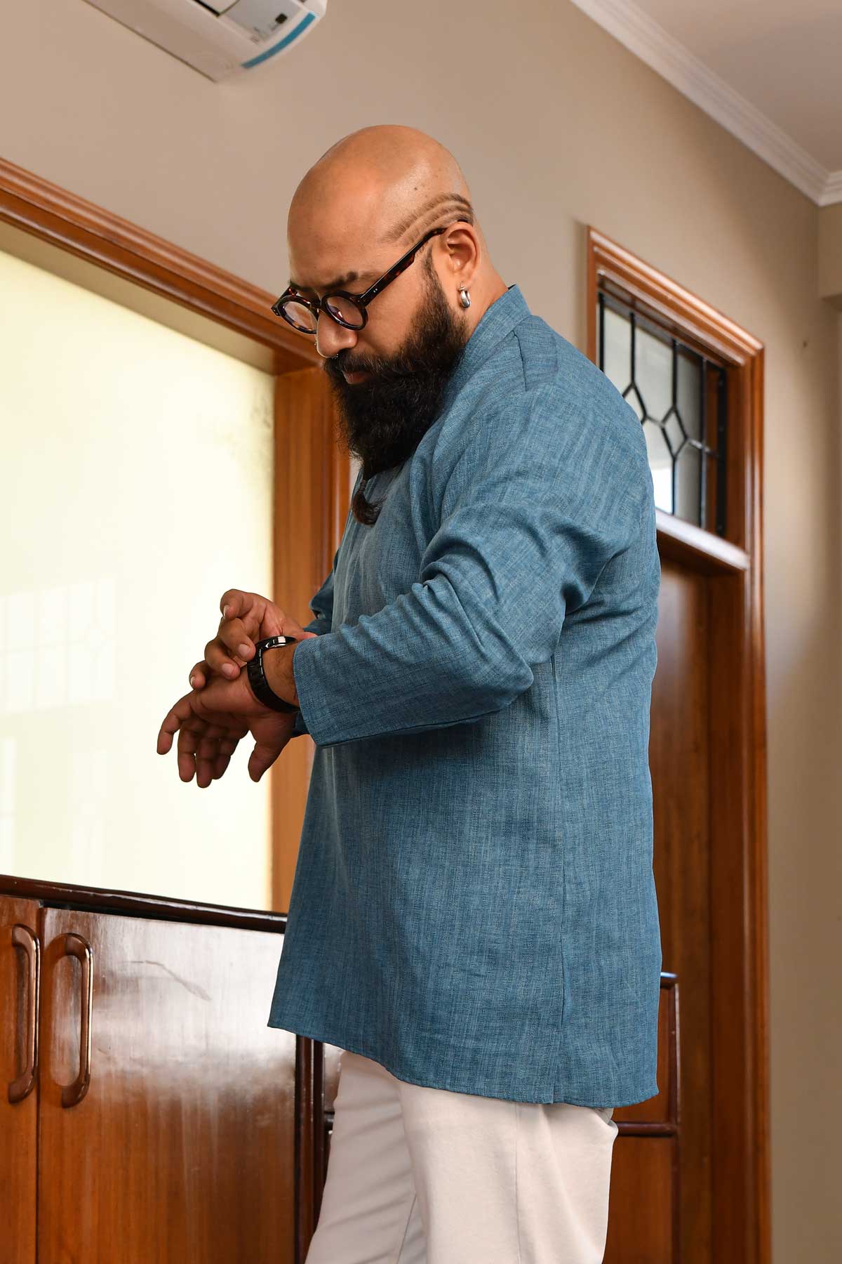 Slate Blue Self Texture Striped Short Kurta