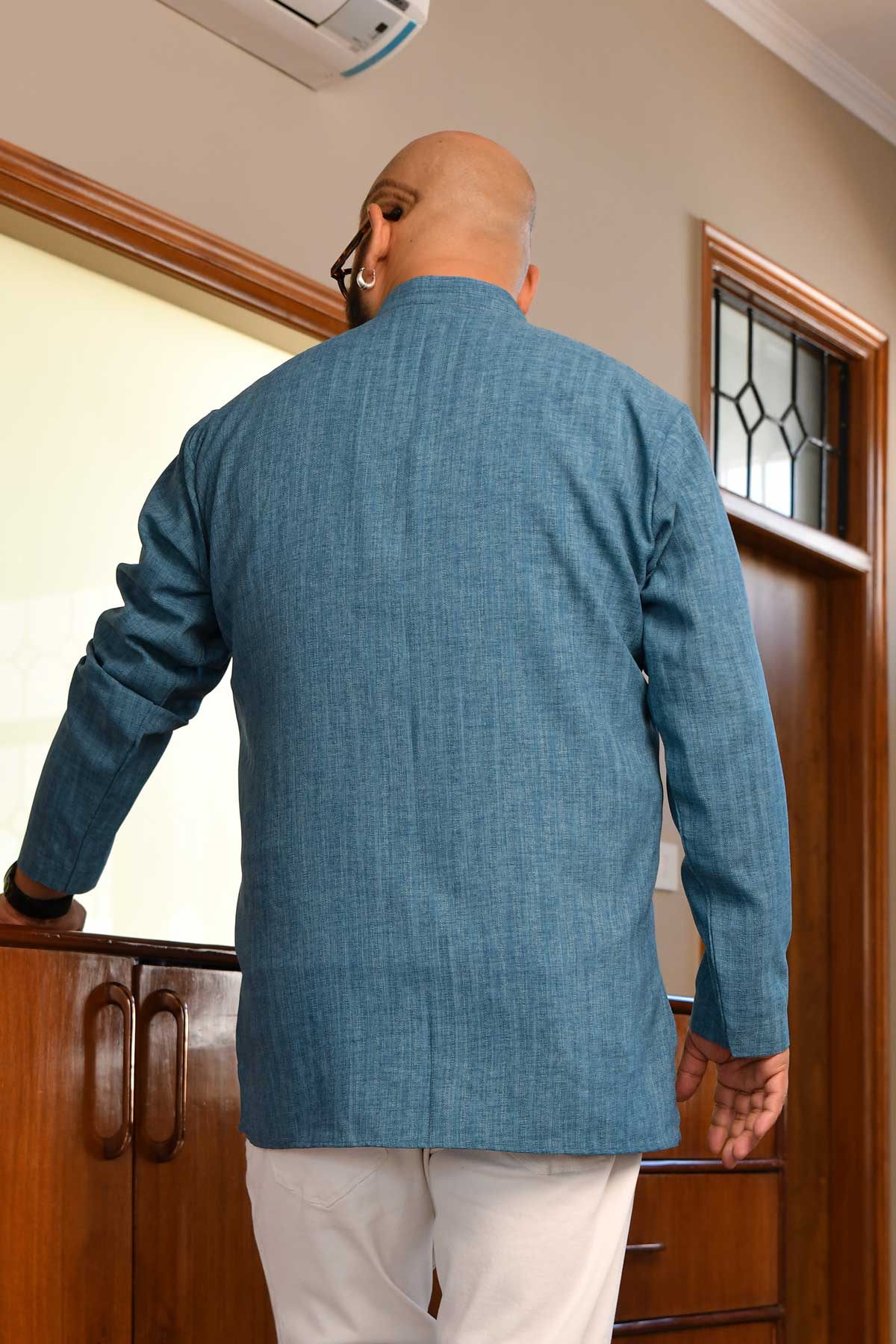 Slate Blue Self Texture Striped Short Kurta