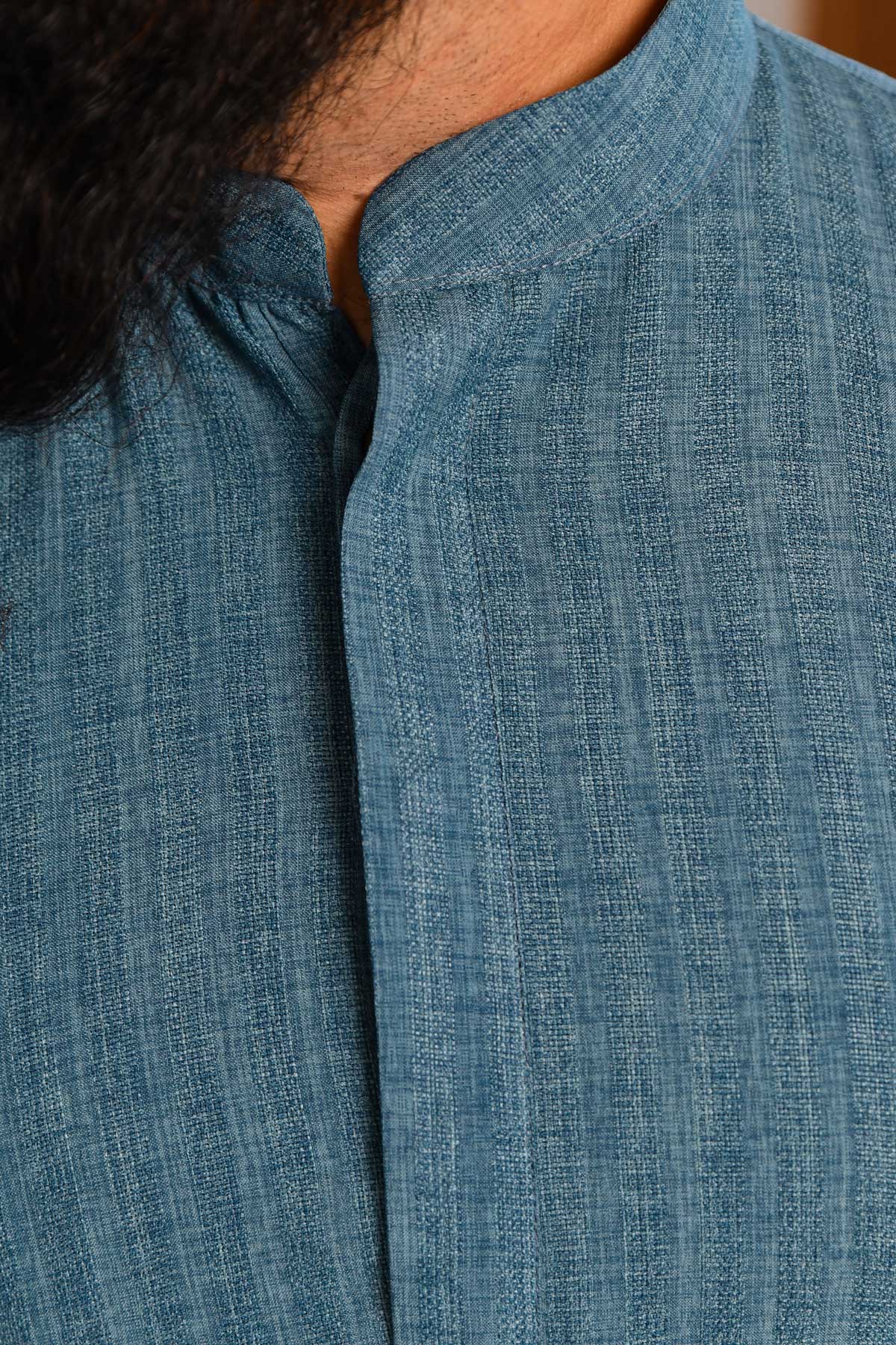 Slate Blue Self Texture Striped Short Kurta
