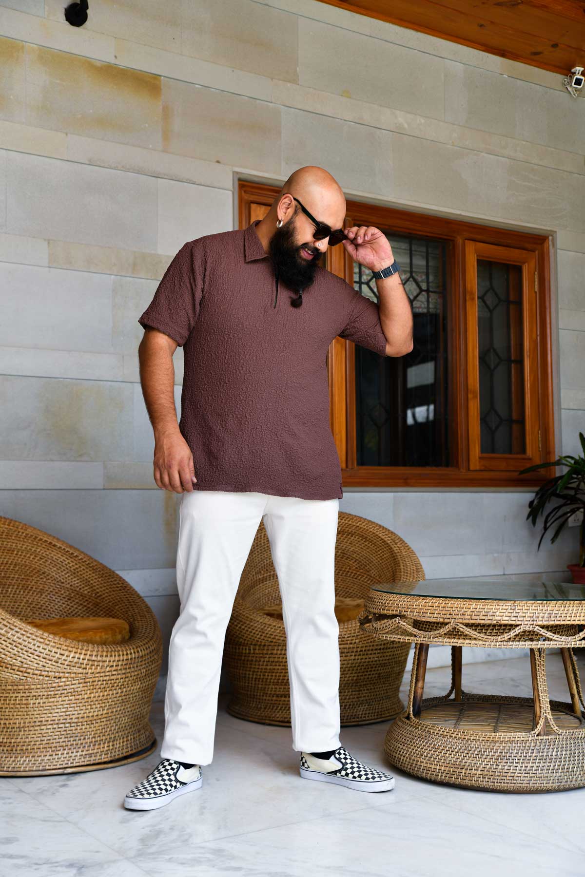 Cedar Brown - Brown Self Textured Stretchable Zipper Half Sleeve Polo TShirt