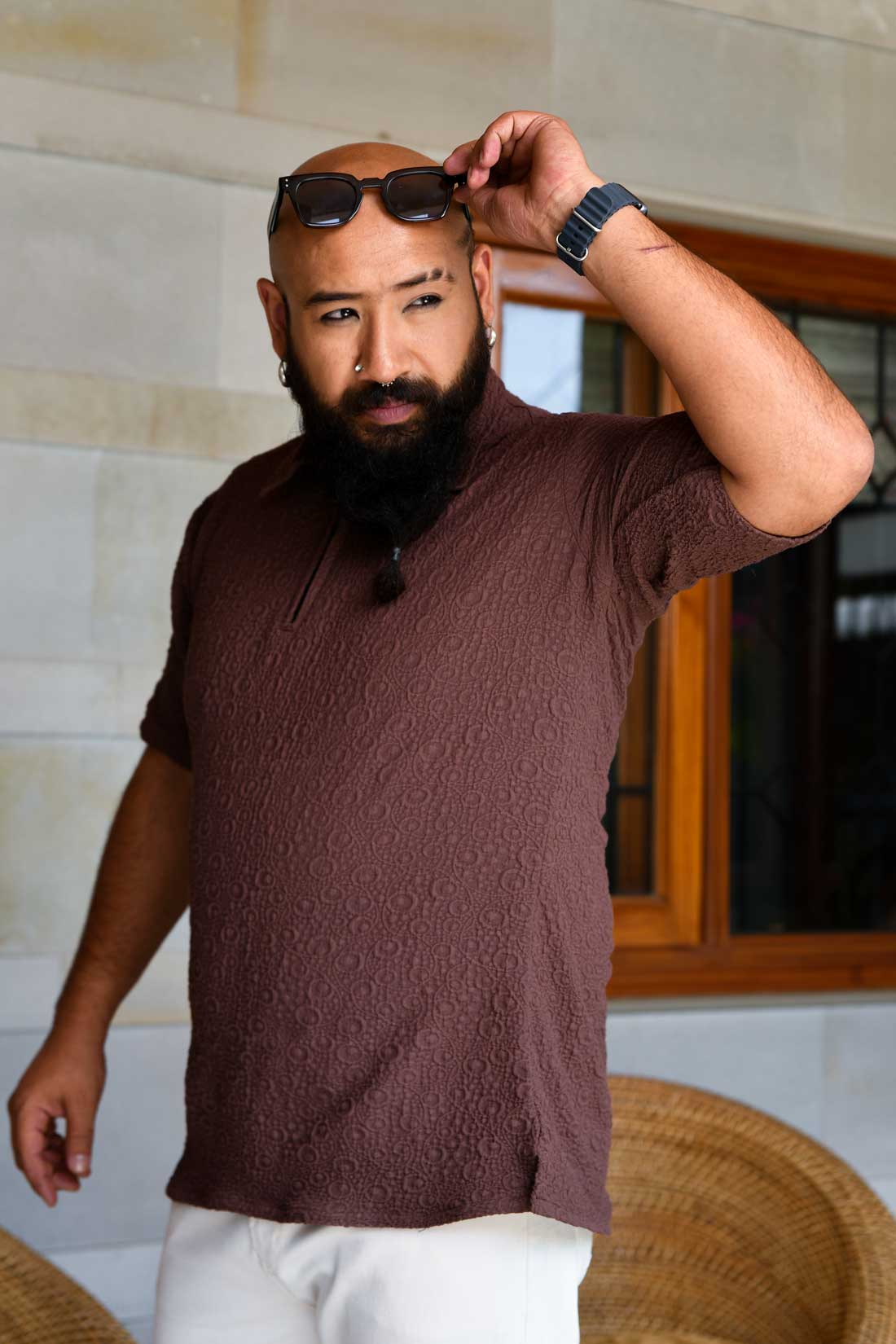 Cedar Brown - Brown Self Textured Stretchable Zipper Half Sleeve Polo TShirt