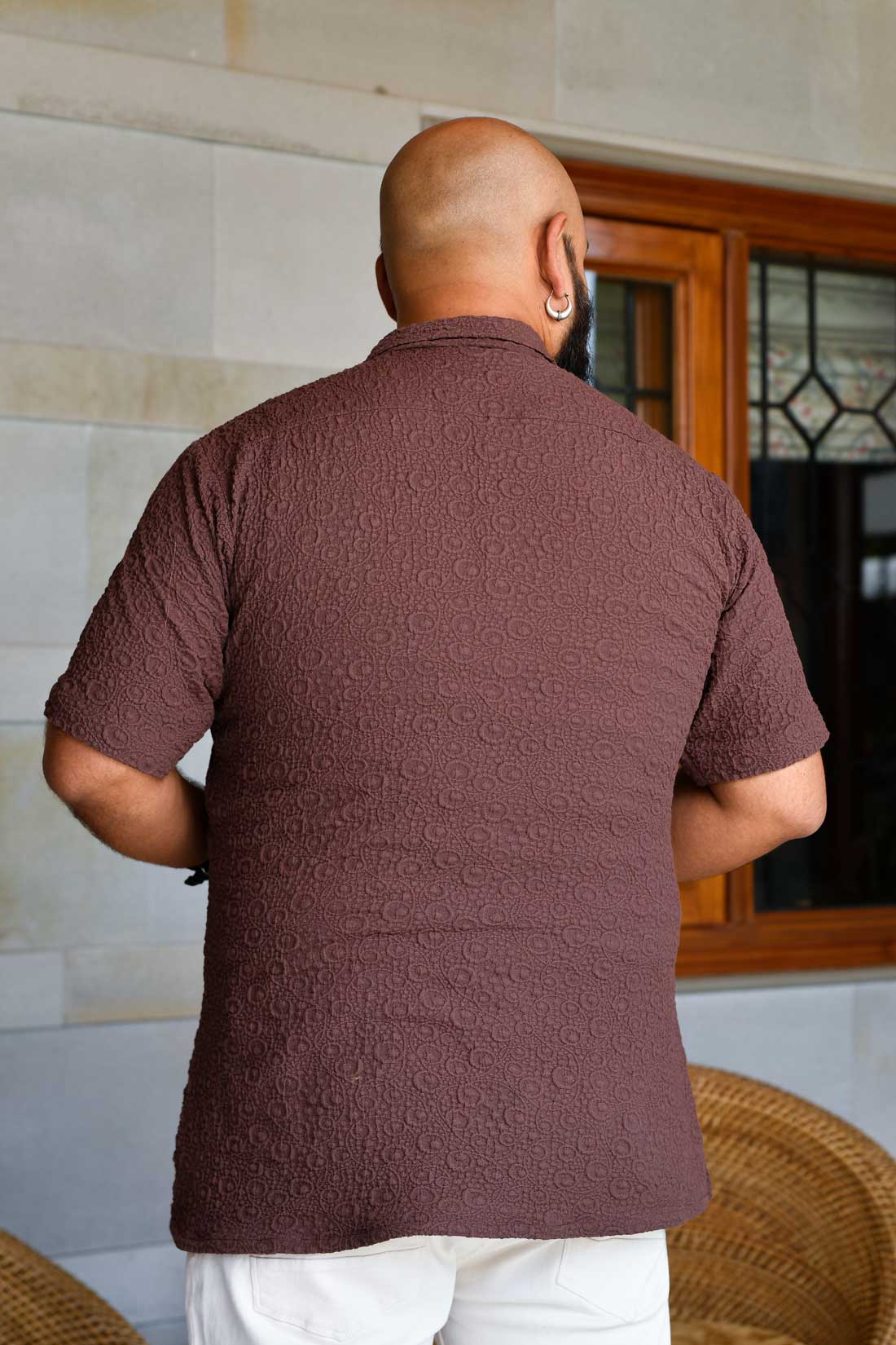 Cedar Brown - Brown Self Textured Stretchable Zipper Half Sleeve Polo TShirt