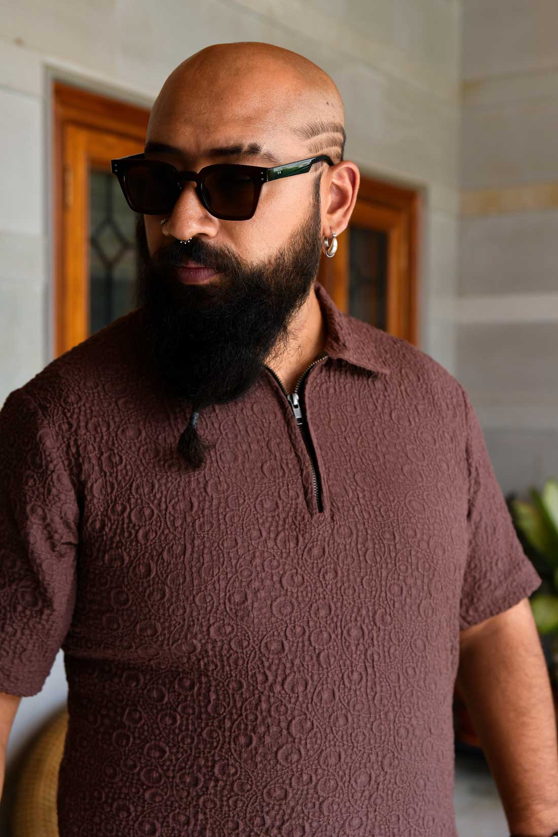 Cedar Brown - Brown Self Textured Stretchable Zipper Half Sleeve Polo TShirt