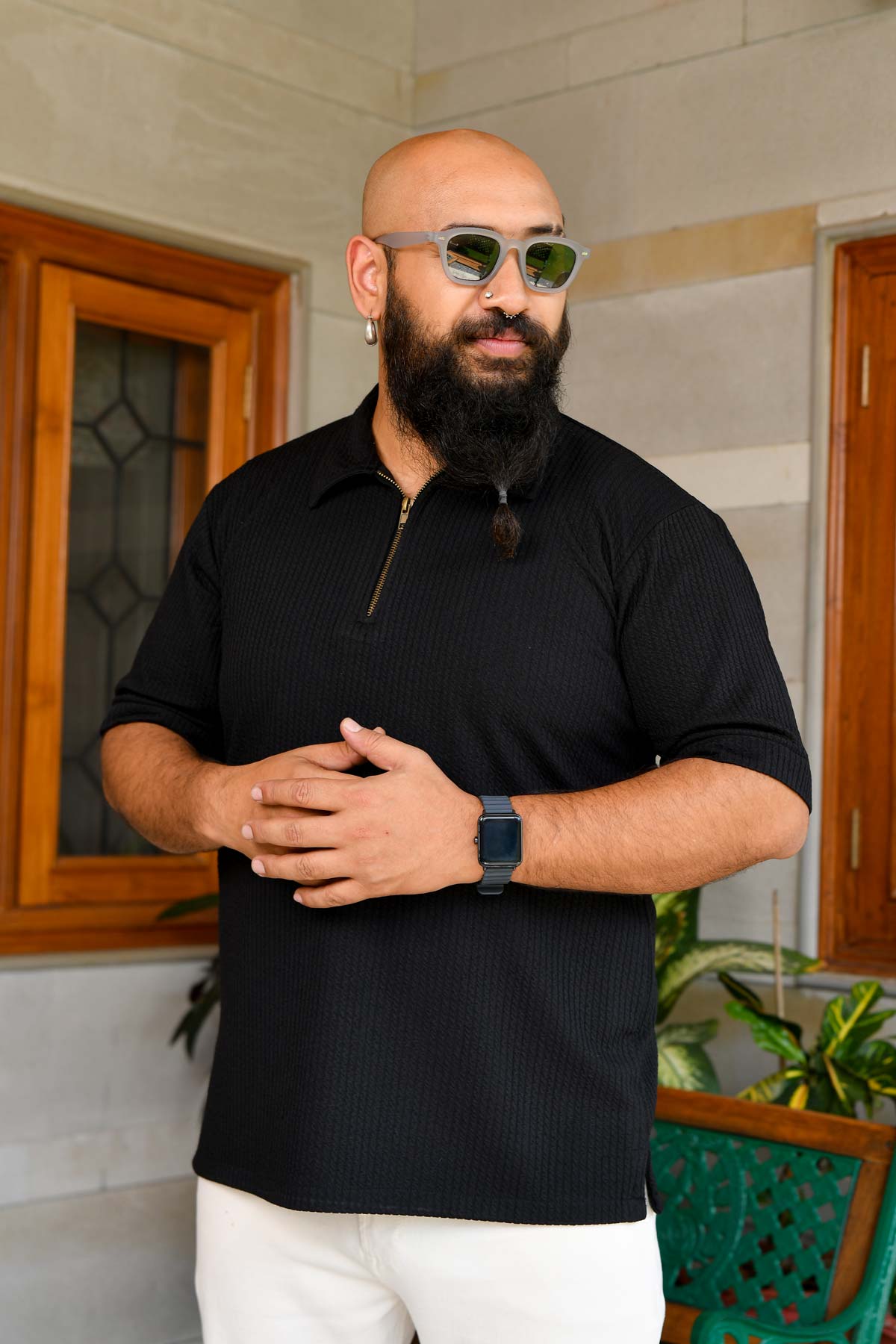 Mirage Black - Black 4 way Stretch Crinkle Texture Zipper Polo T-Shirt (Ships From 08 April 2025)