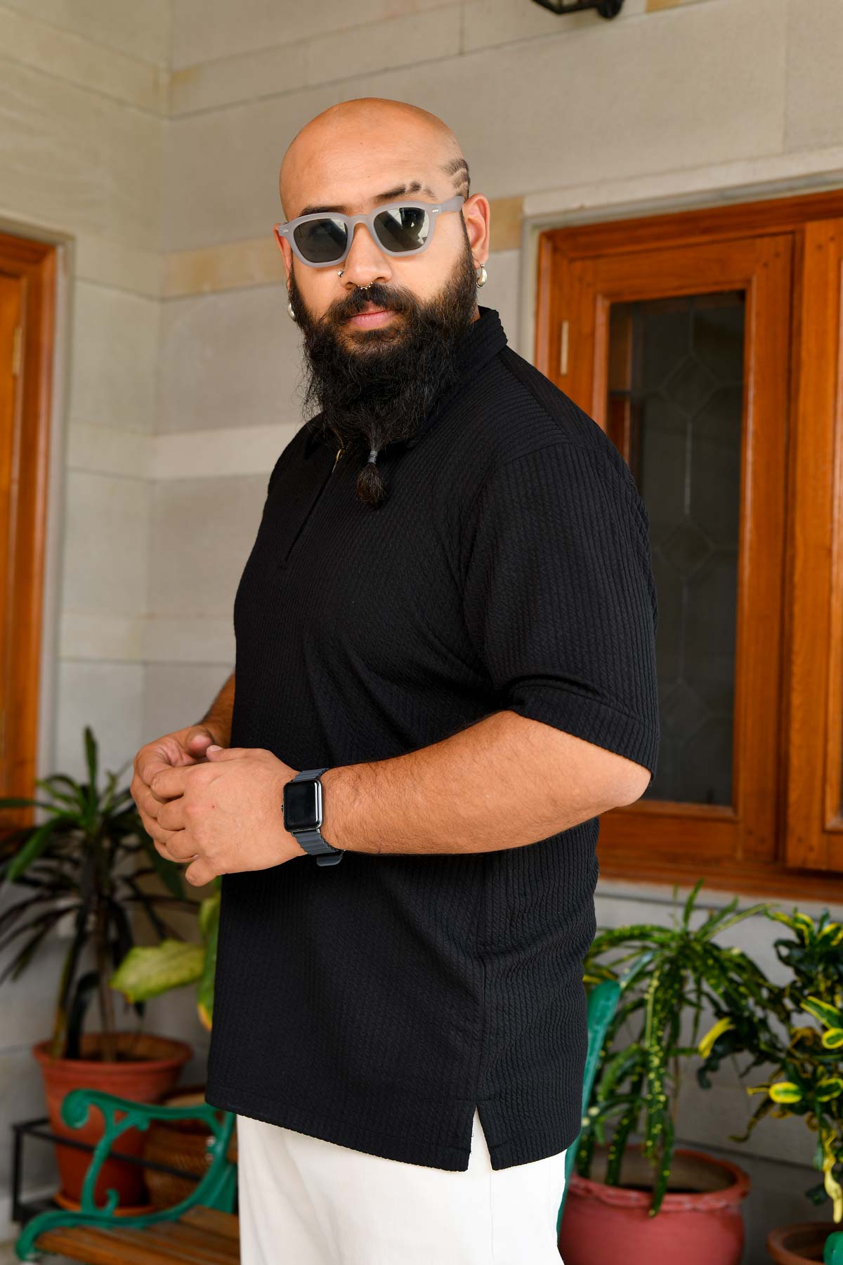 Mirage Black - Black 4 way Stretch Crinkle Texture Zipper Polo T-Shirt (Ships From 08 April 2025)