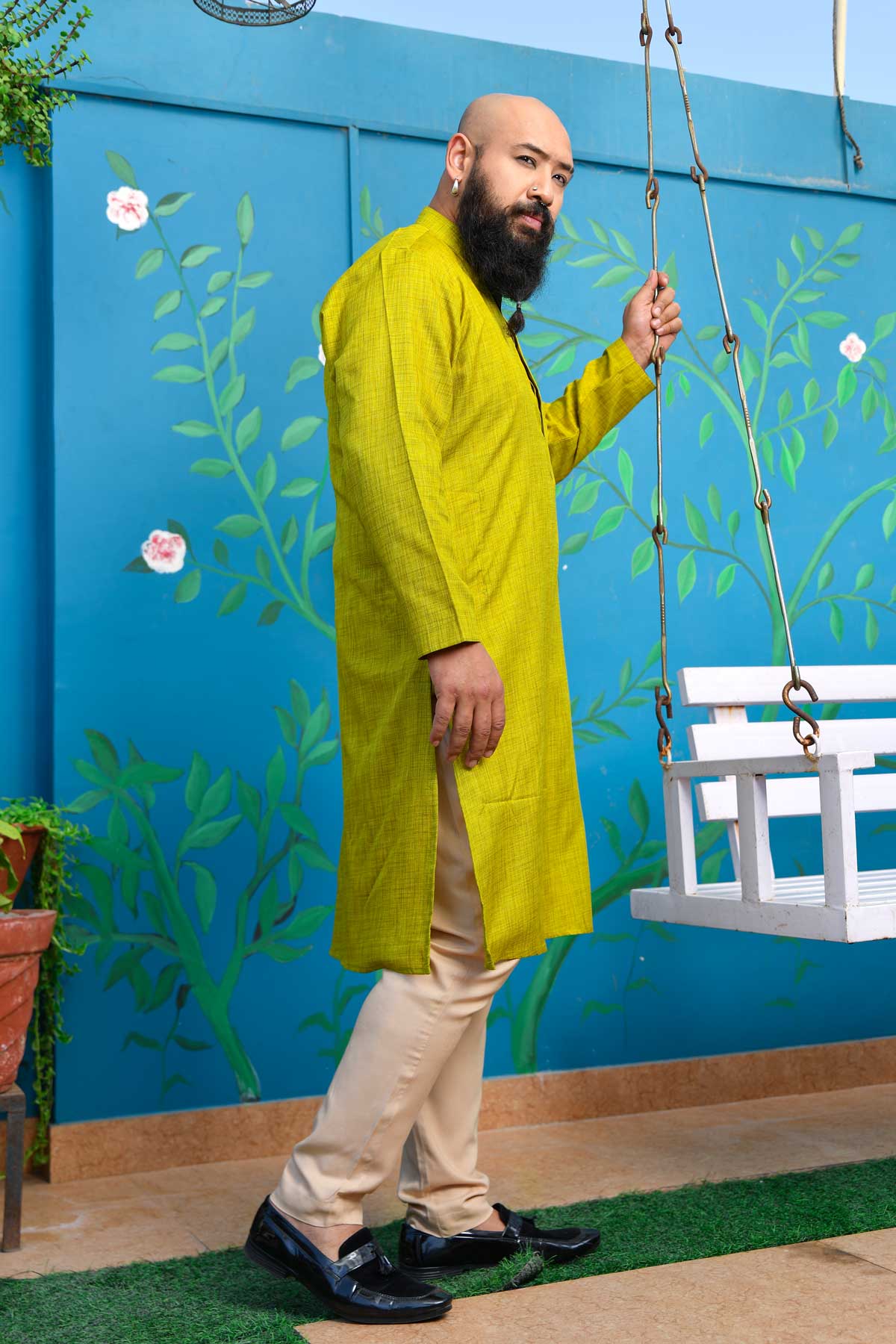 Heritage Mustard - Lime Green Khadi Cotton Blended Kurta