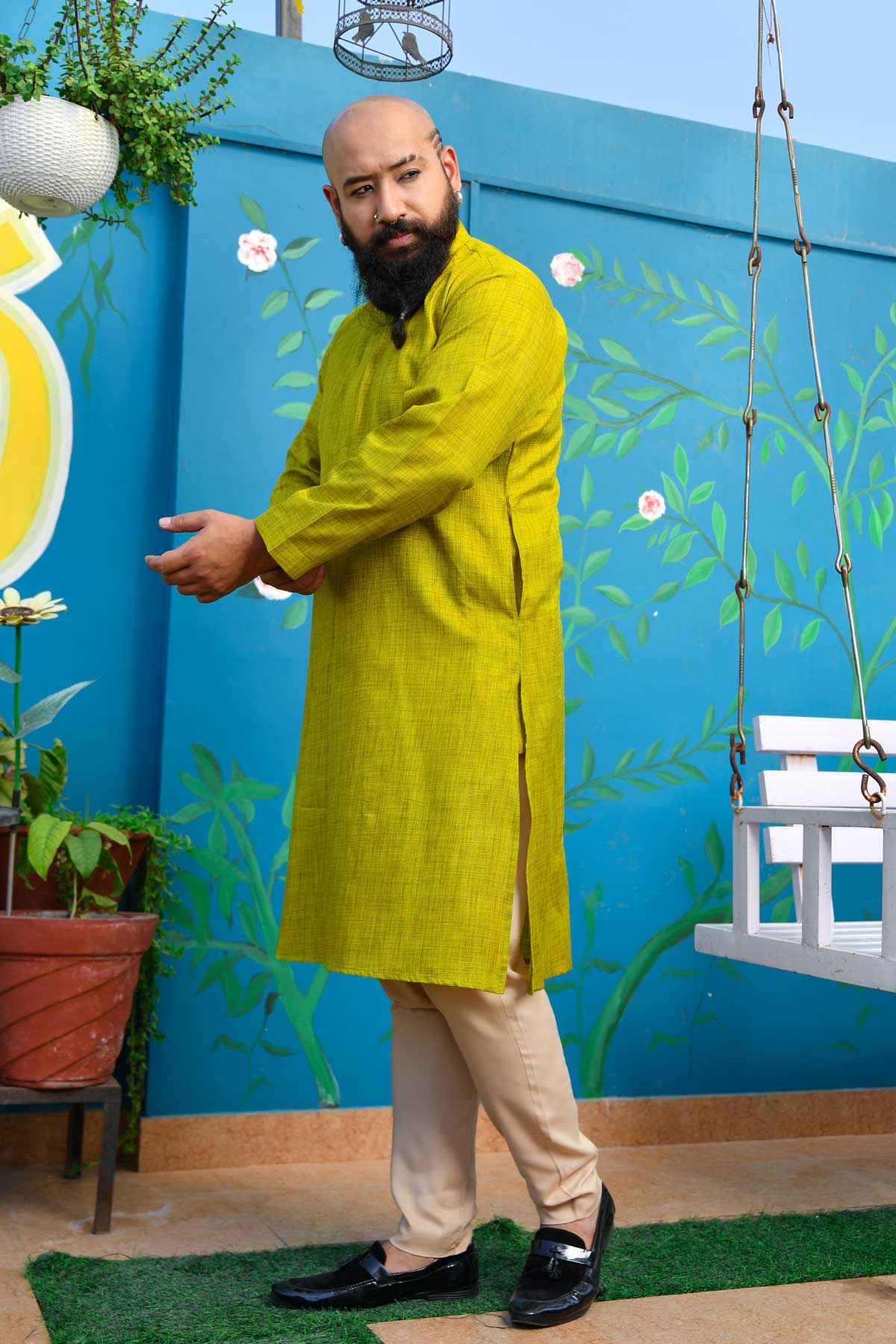 Heritage Mustard - Lime Green Khadi Cotton Blended Kurta