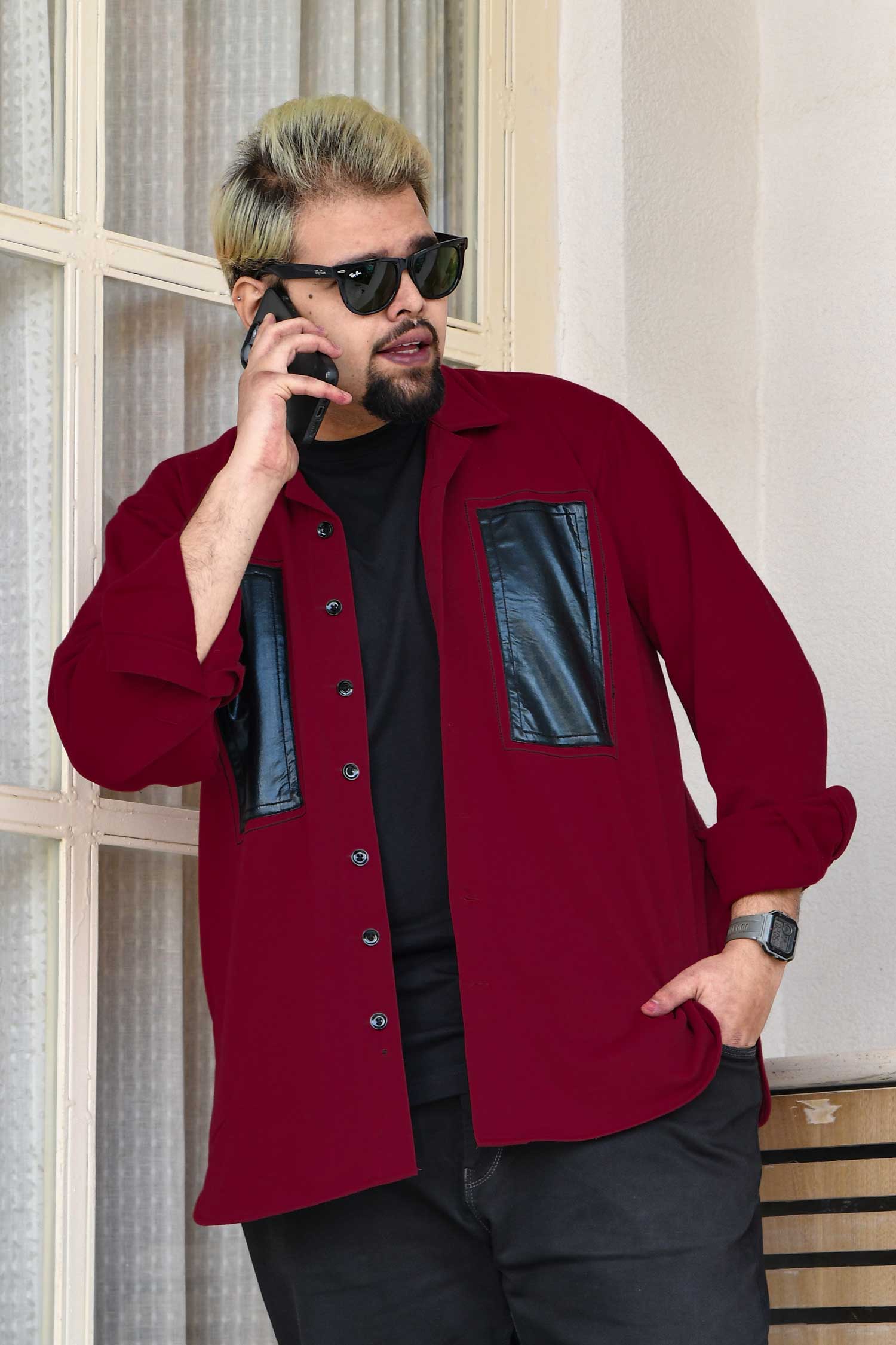 Crimson Edge - Maroon Black Detailed Woollen Fleece Shacket