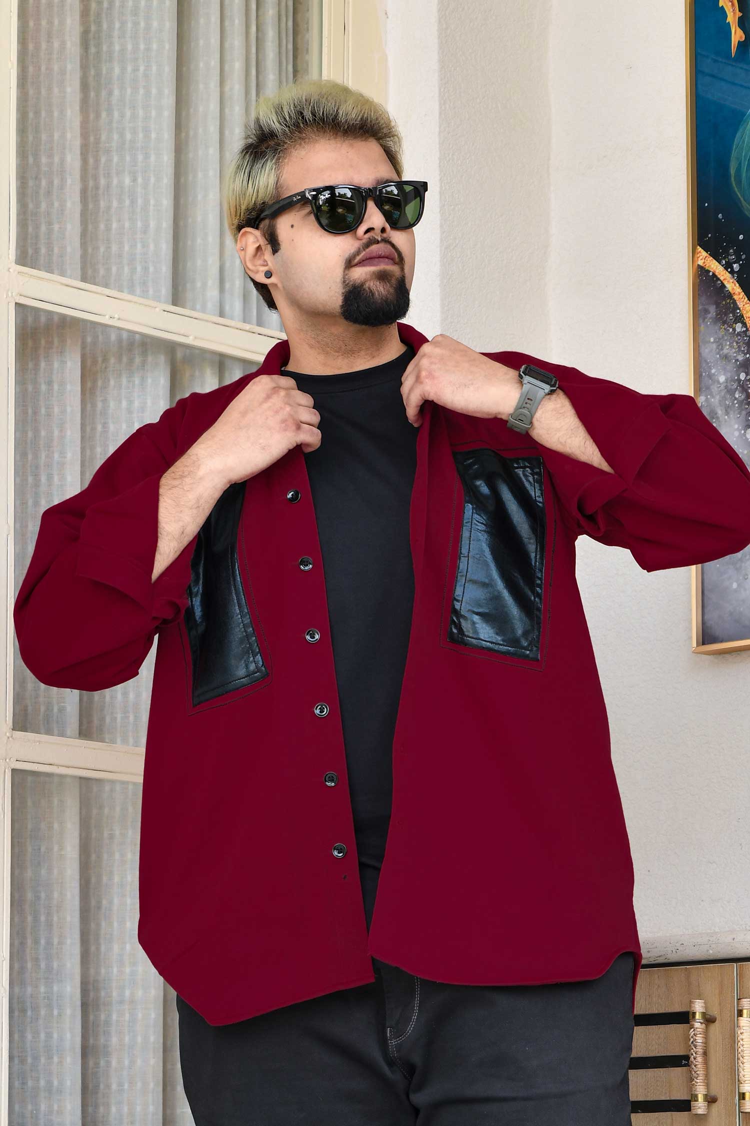 Crimson Edge - Maroon Black Detailed Woollen Fleece Shacket