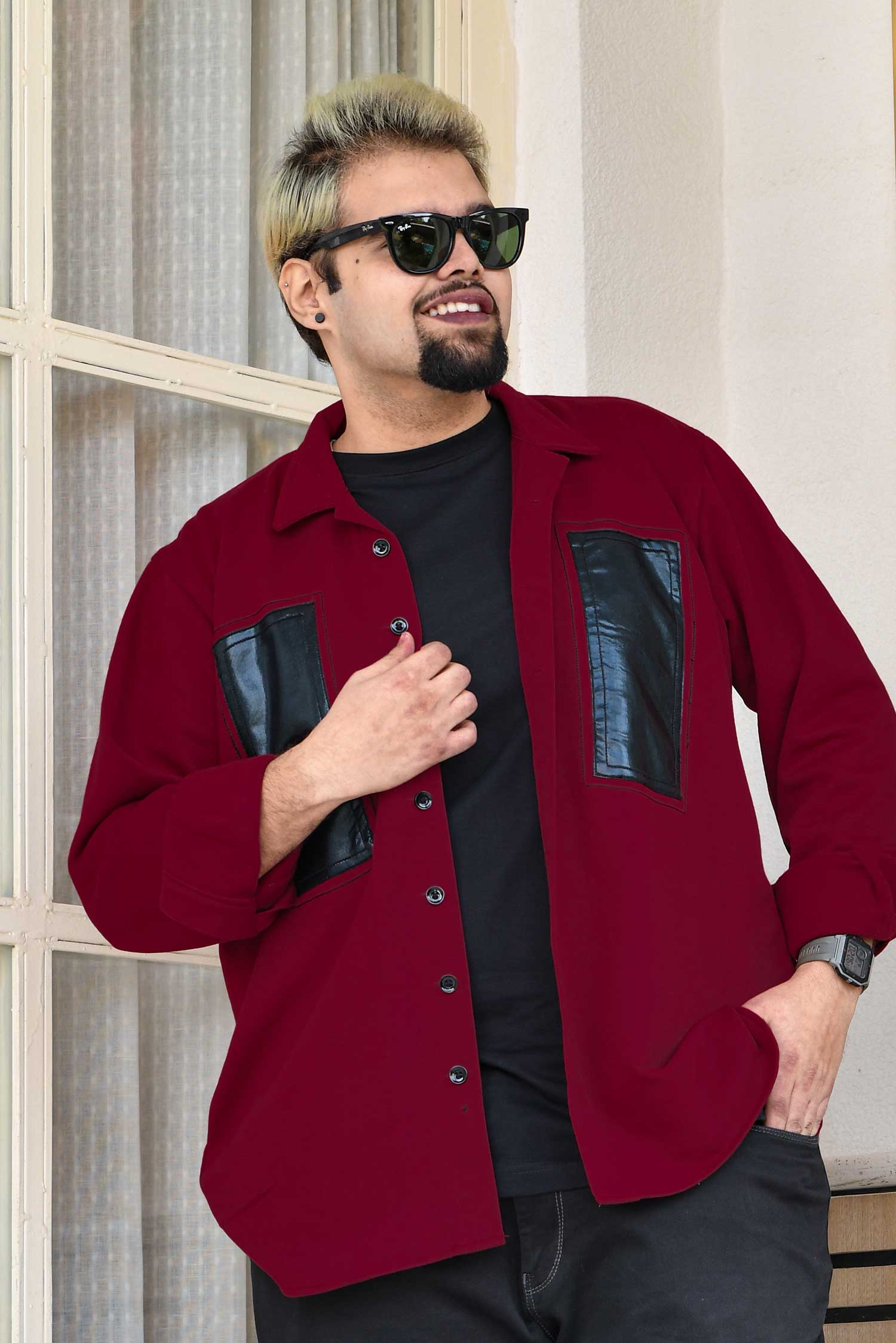 Crimson Edge - Maroon Black Detailed Woollen Fleece Shacket