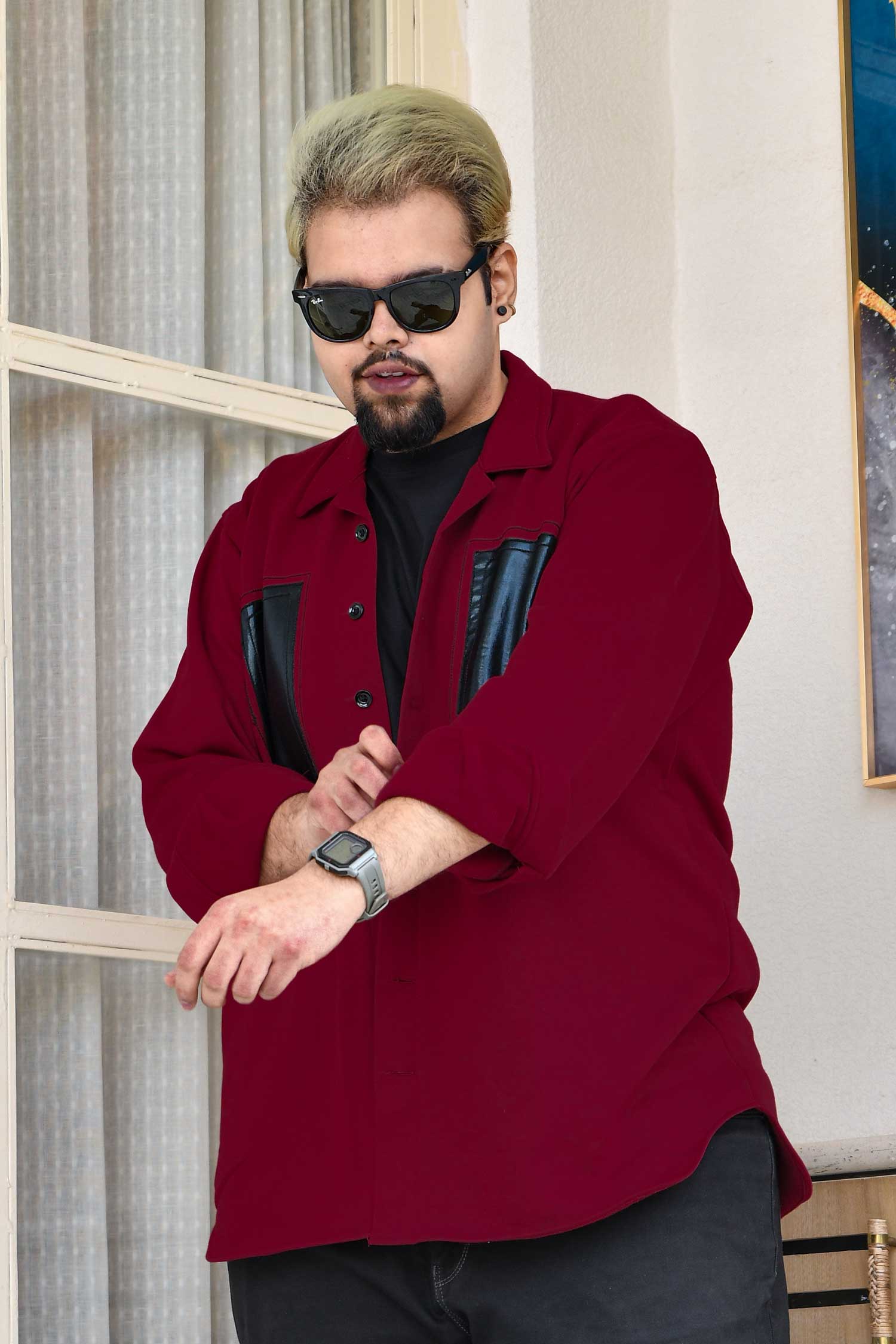 Crimson Edge - Maroon Black Detailed Woollen Fleece Shacket