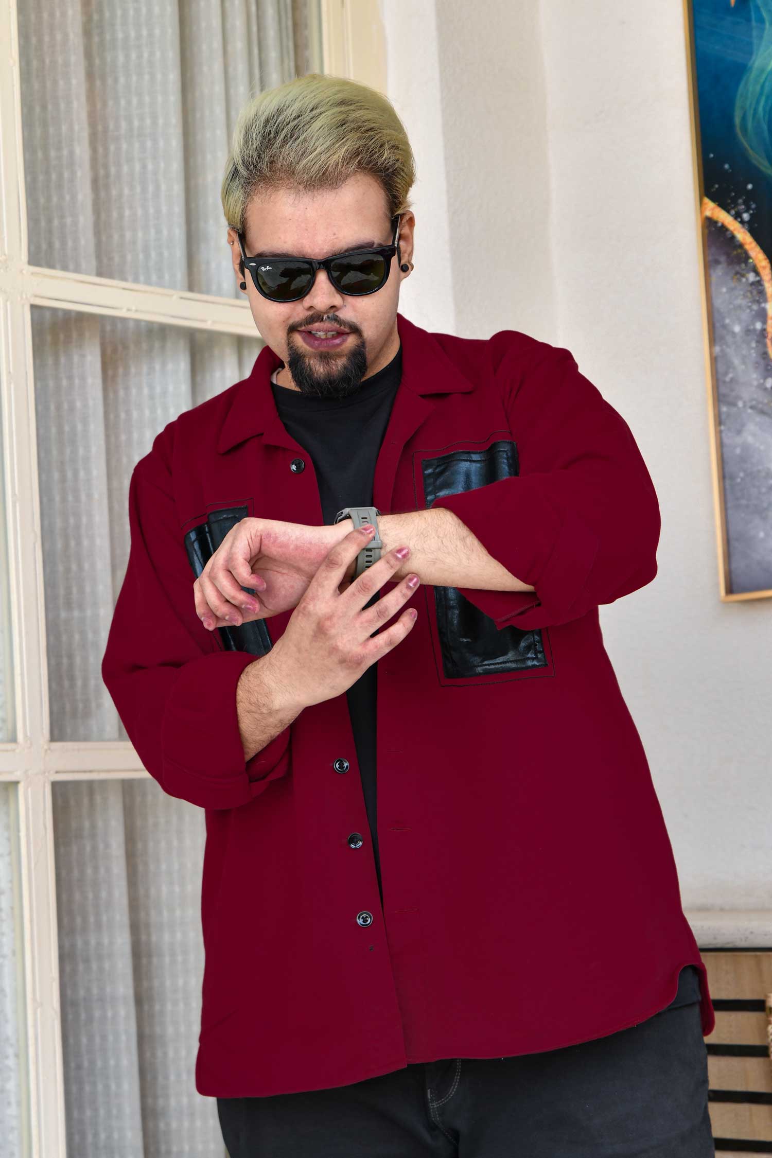 Crimson Edge - Maroon Black Detailed Woollen Fleece Shacket
