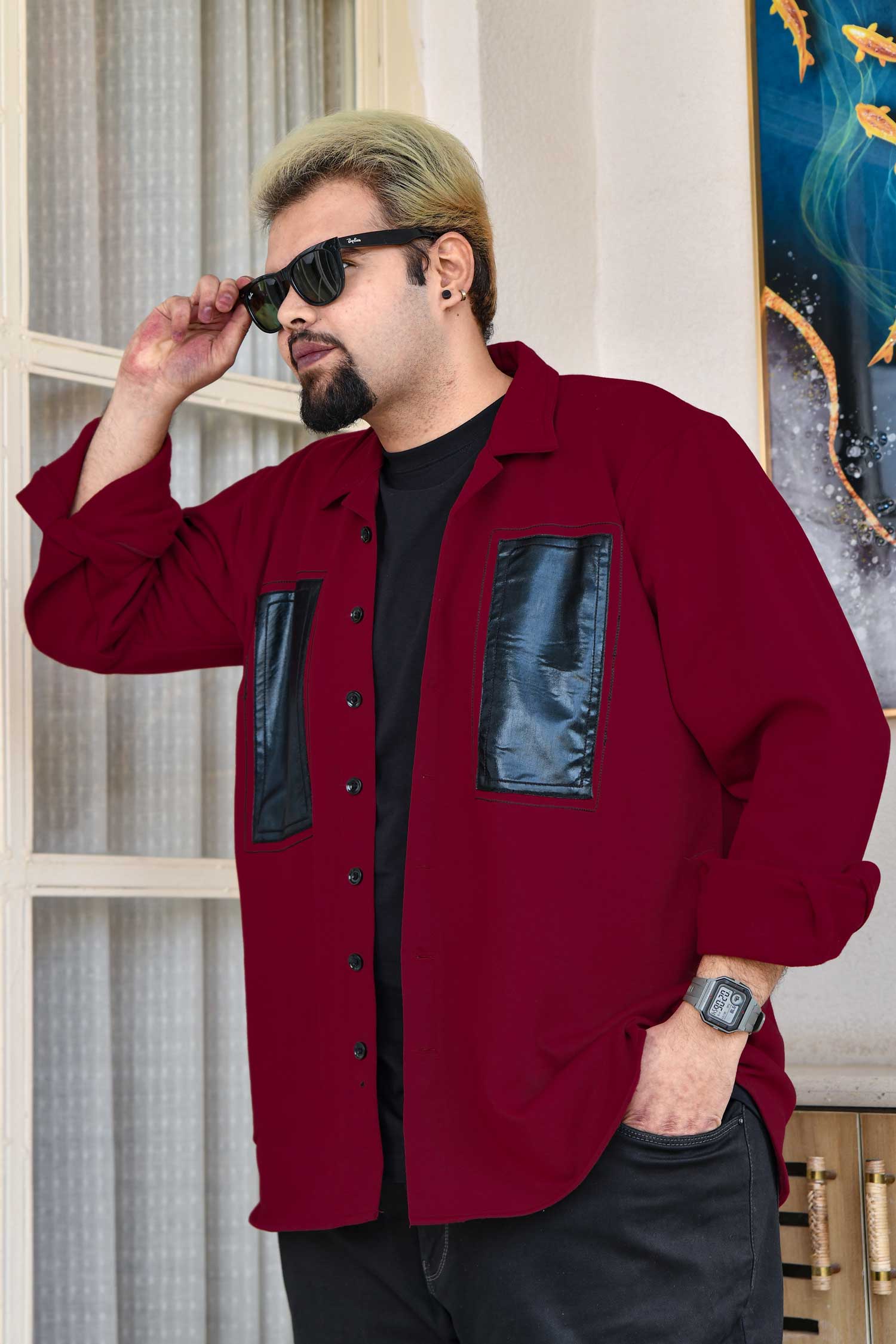 Crimson Edge - Maroon Black Detailed Woollen Fleece Shacket