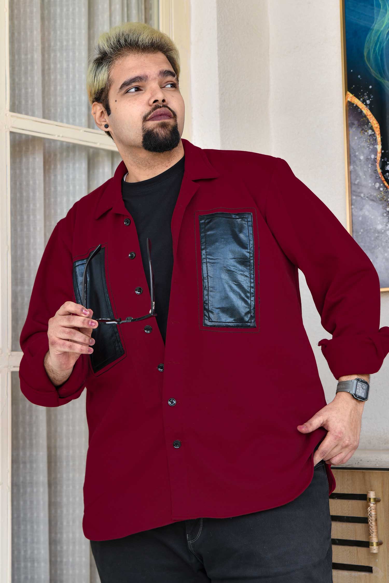 Crimson Edge - Maroon Black Detailed Woollen Fleece Shacket