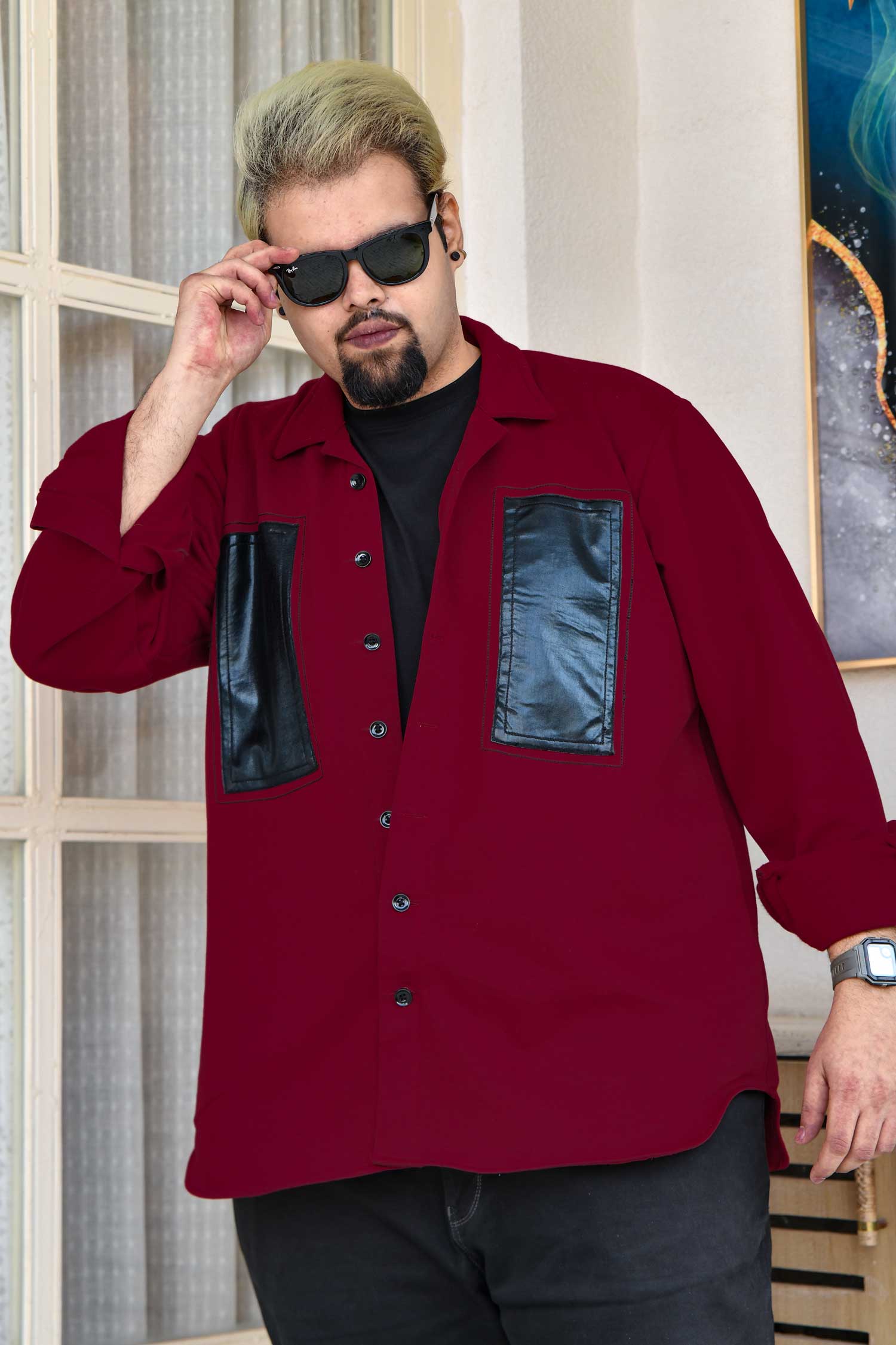 Crimson Edge - Maroon Black Detailed Woollen Fleece Shacket