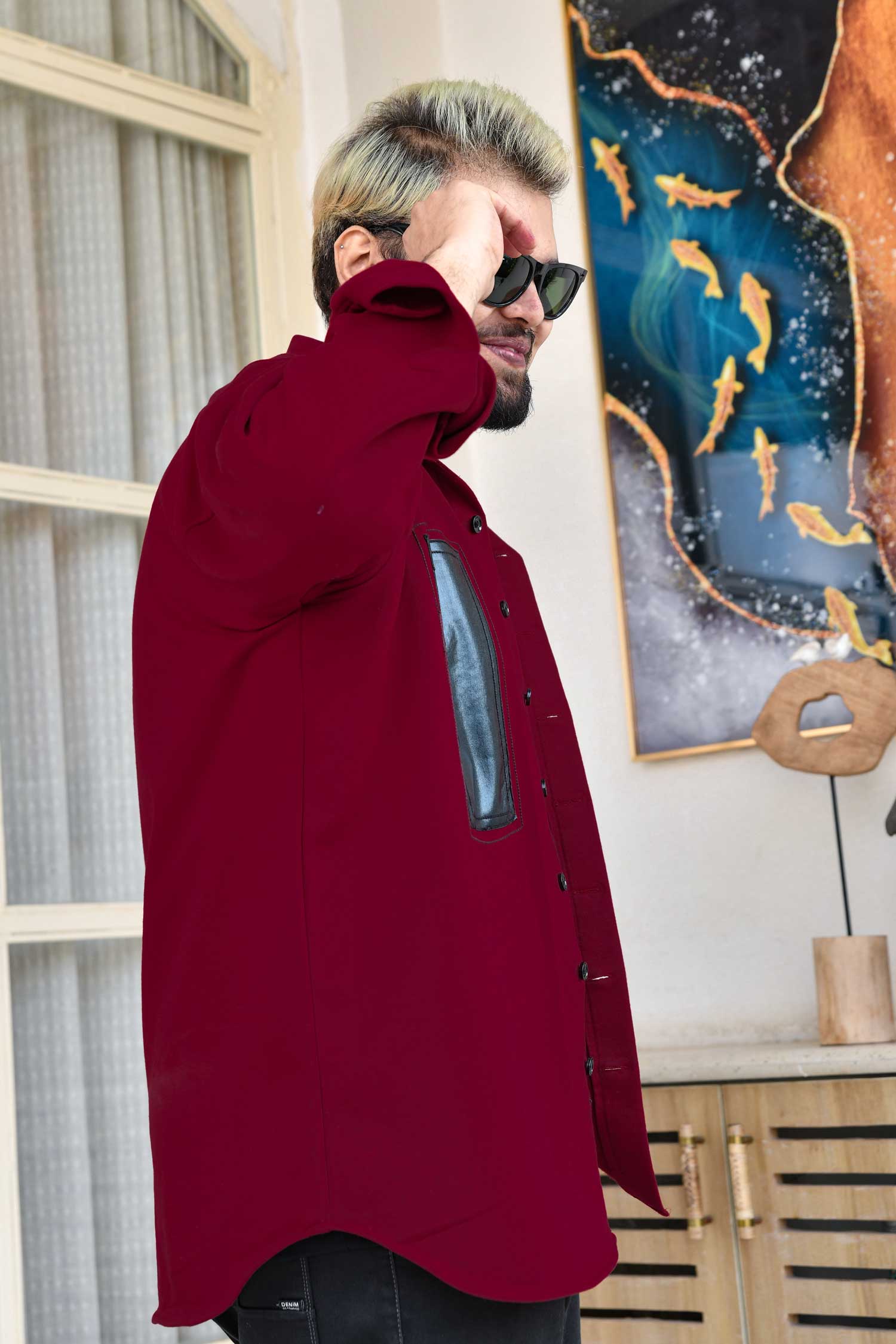 Crimson Edge - Maroon Black Detailed Woollen Fleece Shacket