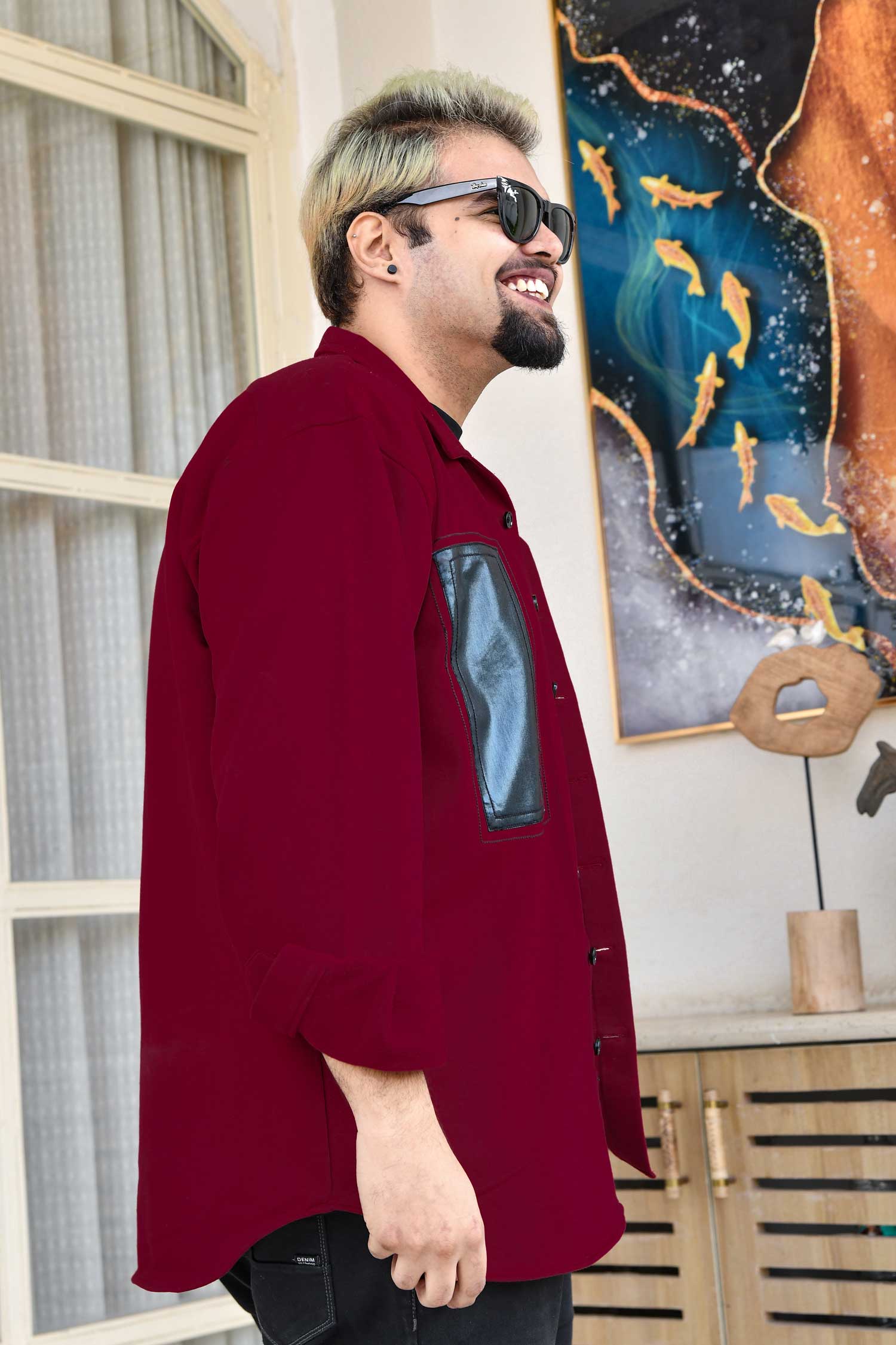 Crimson Edge - Maroon Black Detailed Woollen Fleece Shacket