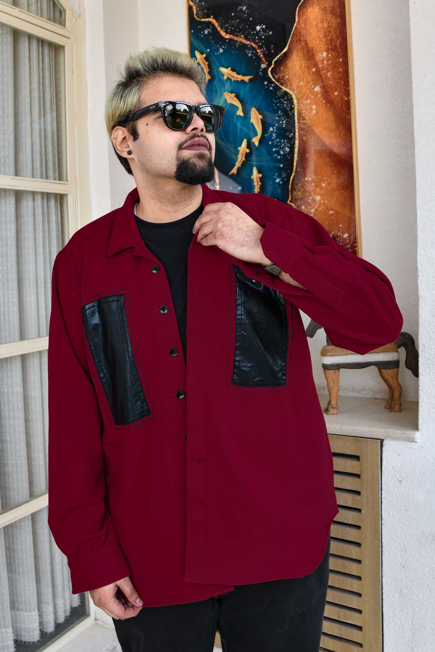 Crimson Edge - Maroon Black Detailed Woollen Fleece Shacket