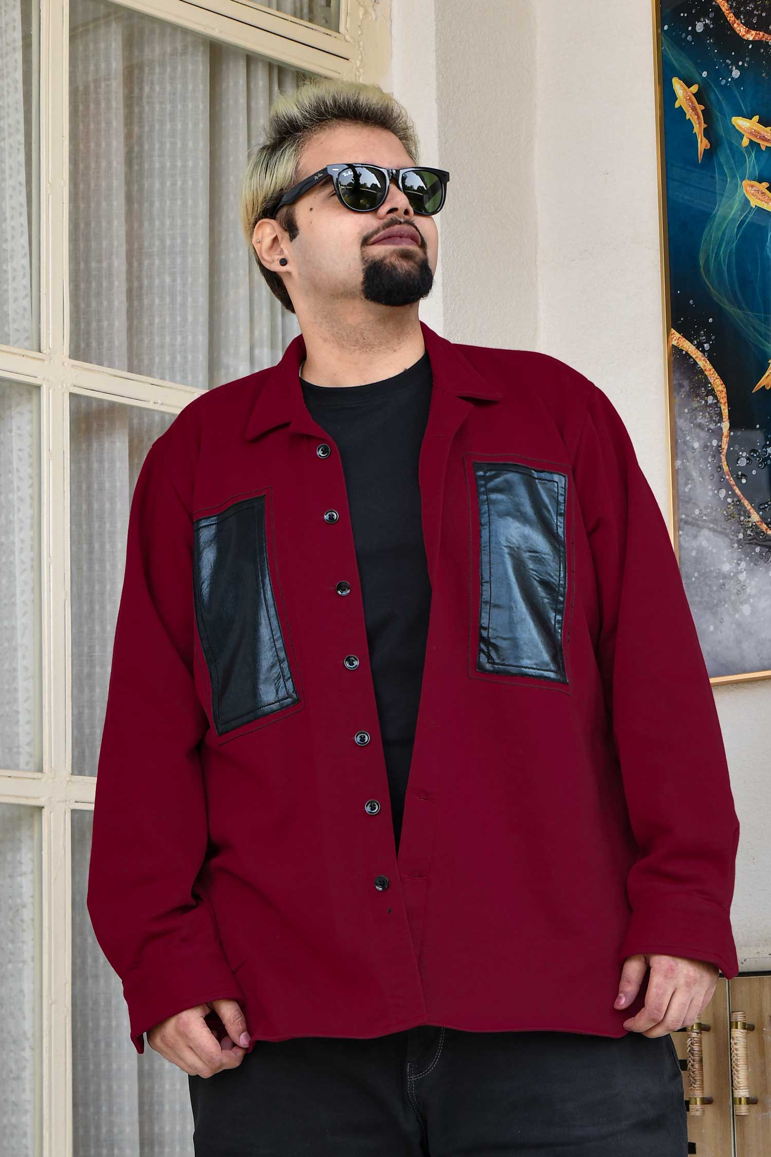 Crimson Edge - Maroon Black Detailed Woollen Fleece Shacket