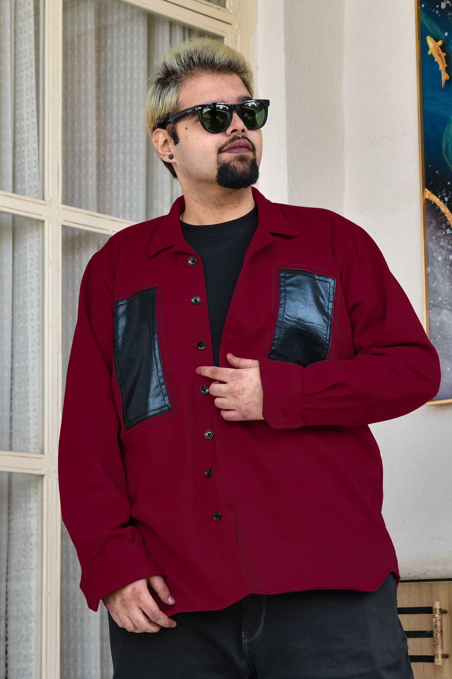 Crimson Edge - Maroon Black Detailed Woollen Fleece Shacket