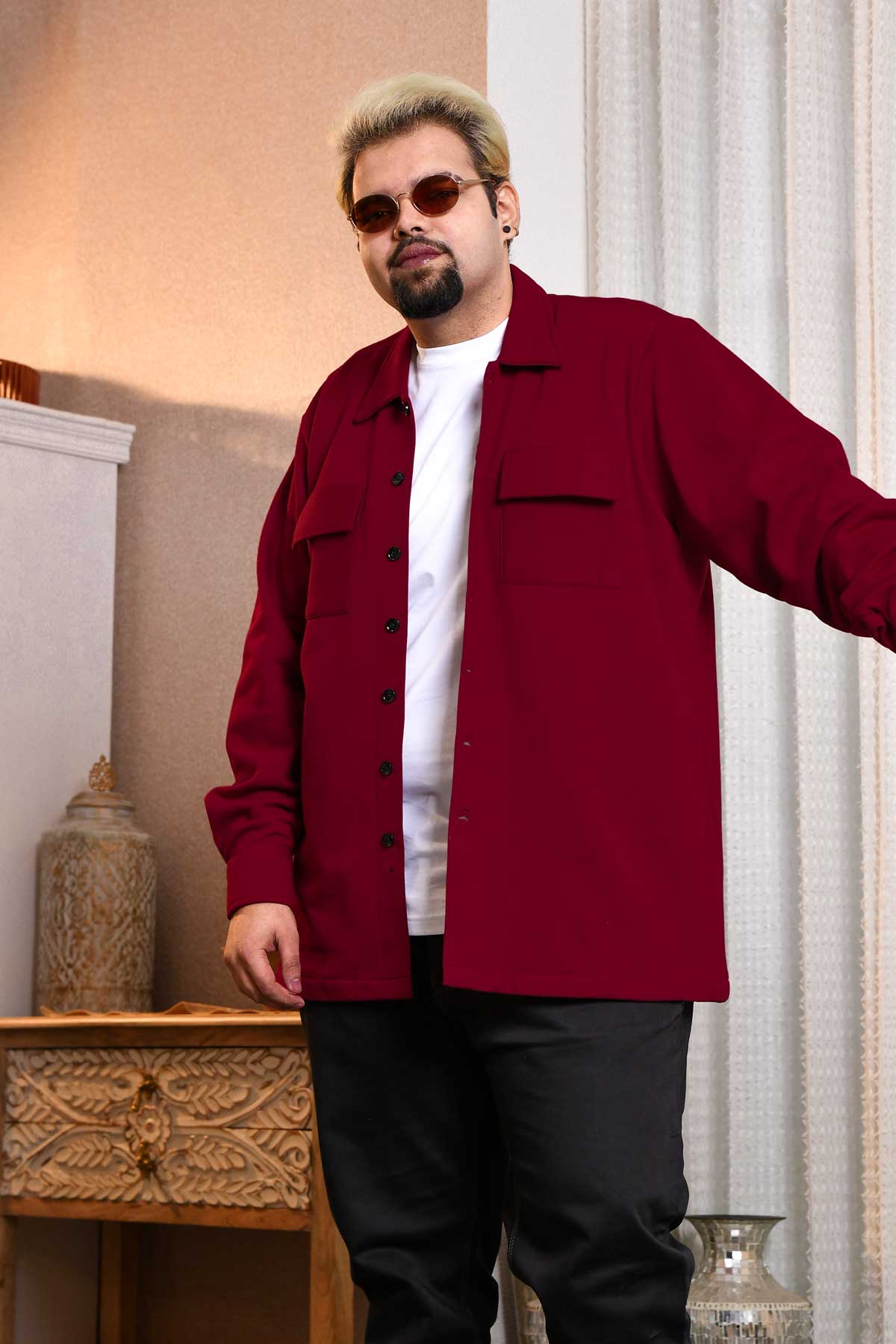 Firebrick - Maroon Pocketed Woollen Fleece Shacket