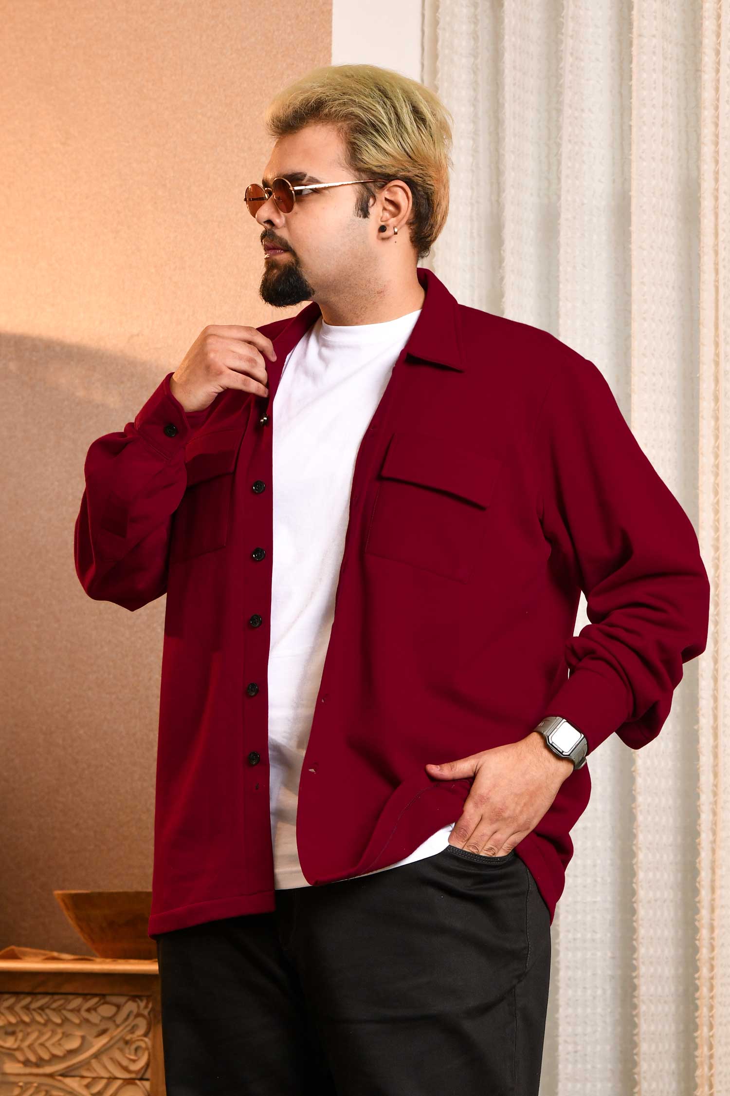 Firebrick - Maroon Pocketed Woollen Fleece Shacket
