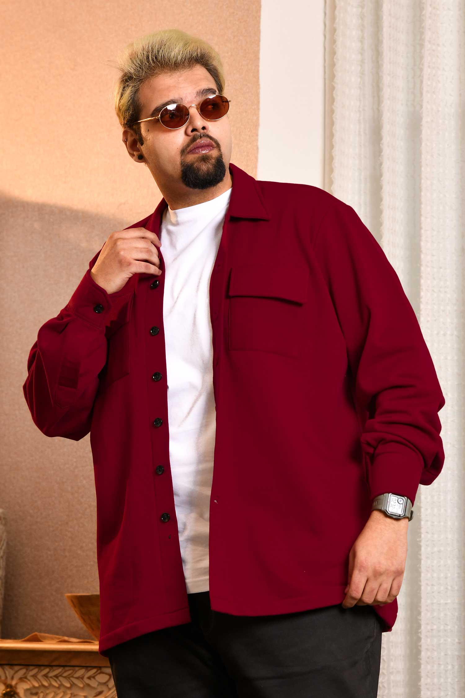 Firebrick - Maroon Pocketed Woollen Fleece Shacket