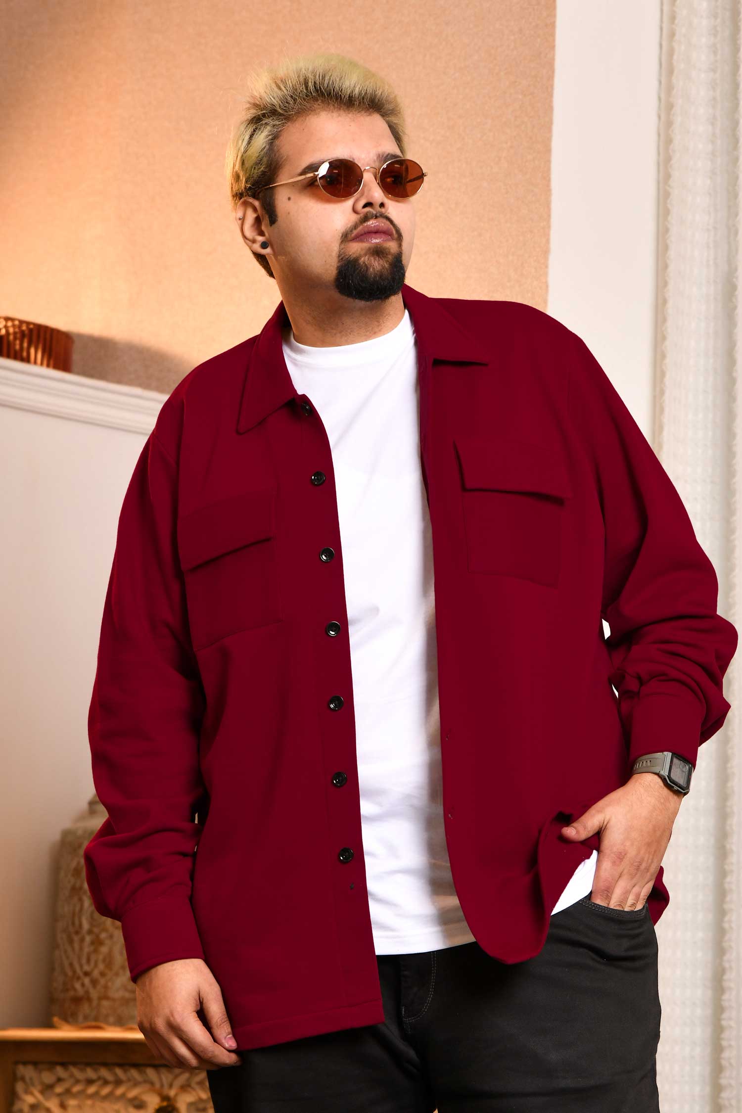 Firebrick - Maroon Pocketed Woollen Fleece Shacket