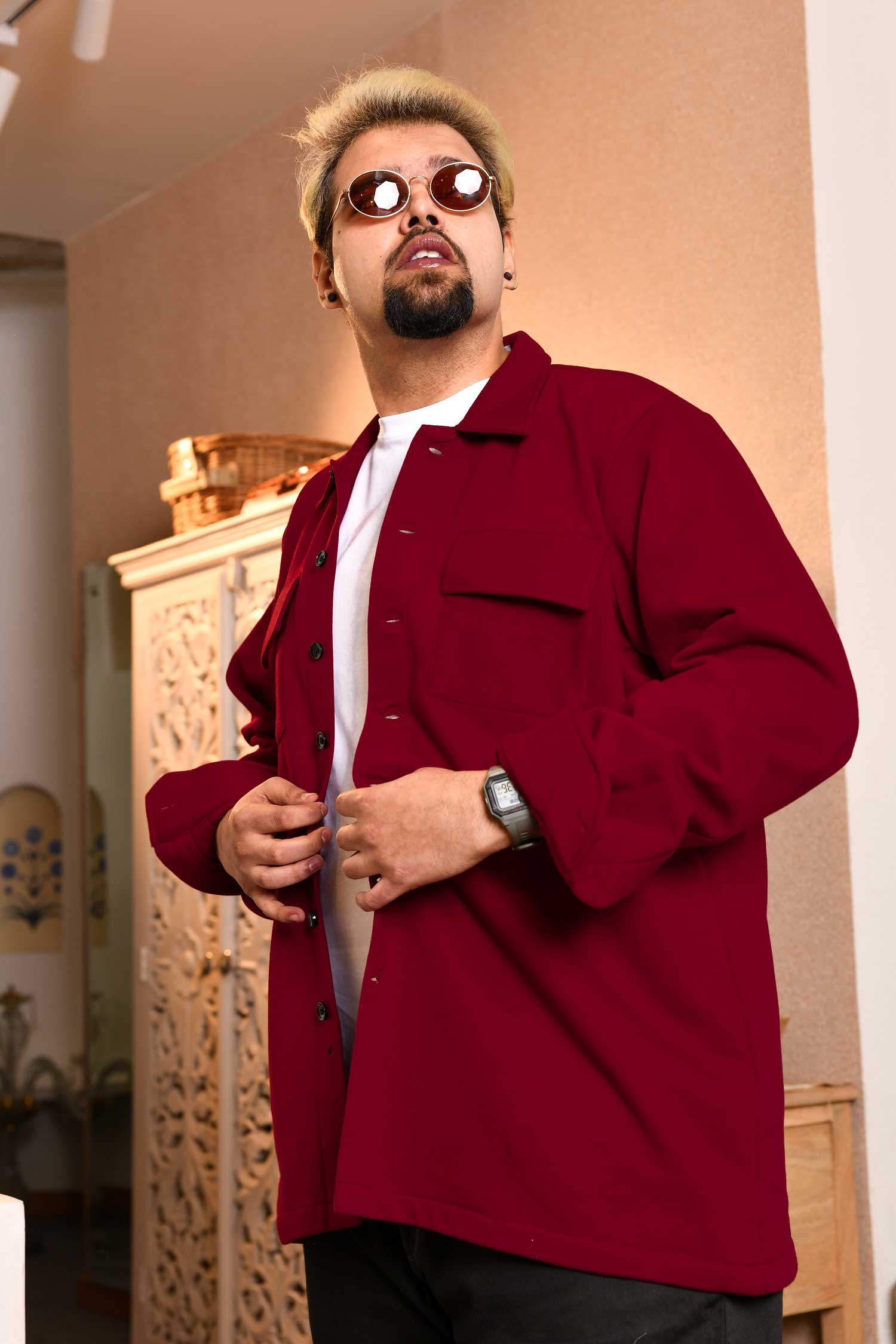 Firebrick - Maroon Pocketed Woollen Fleece Shacket