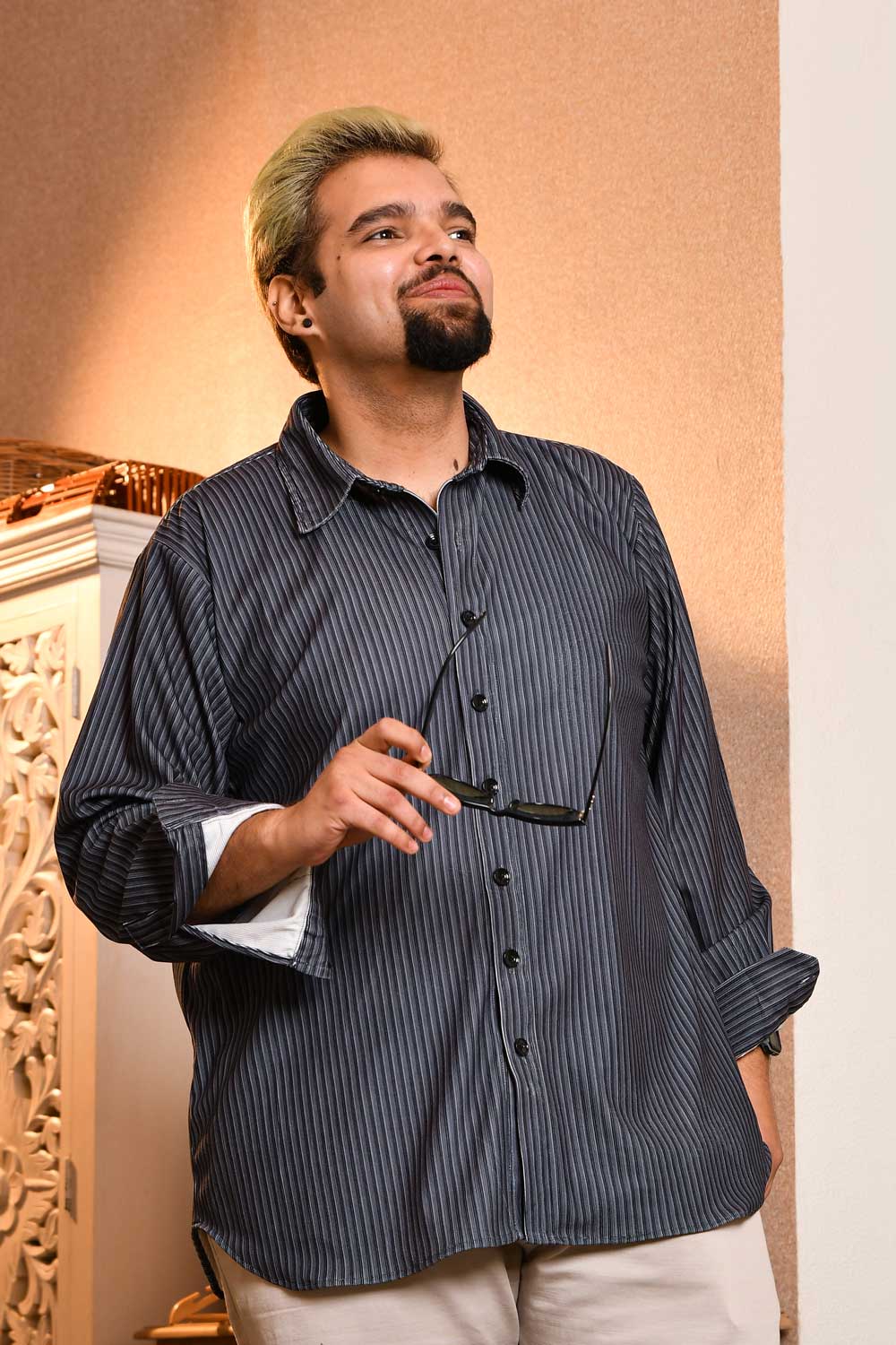 Grey - Textured Printed Courdroy Shirt