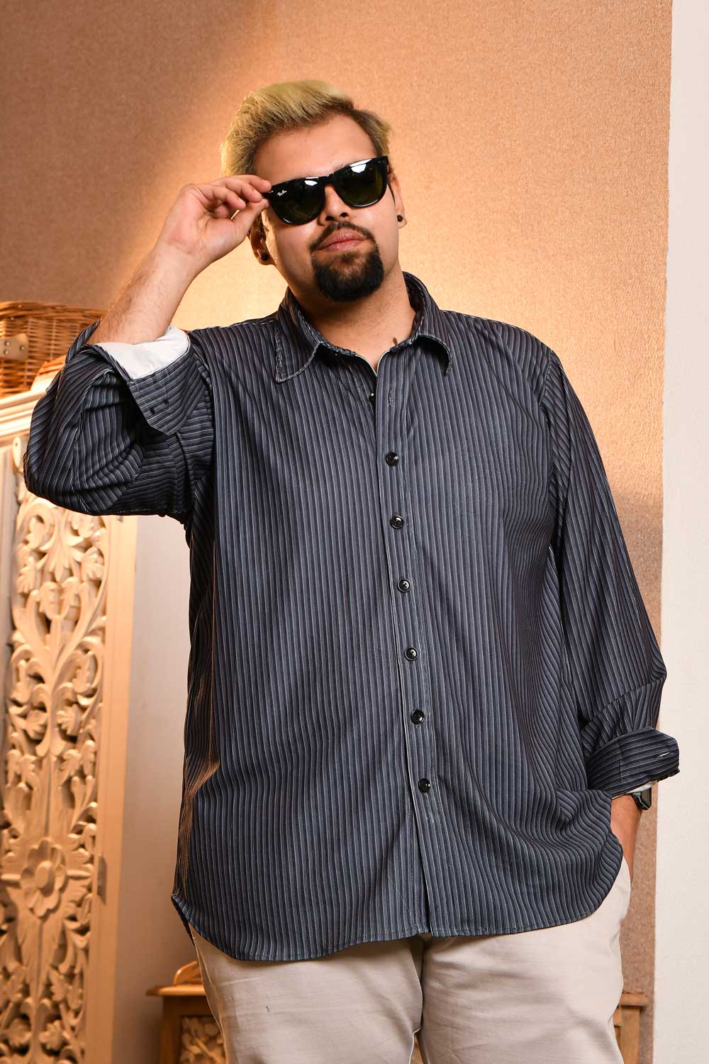 Grey - Textured Printed Courdroy Shirt