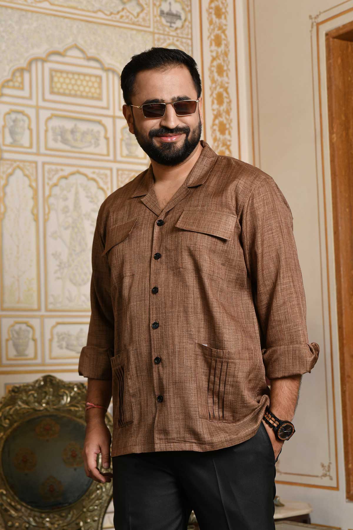Earthen Craft - Brown Khadi blend Heritage inspired Cuban Collar Shirt