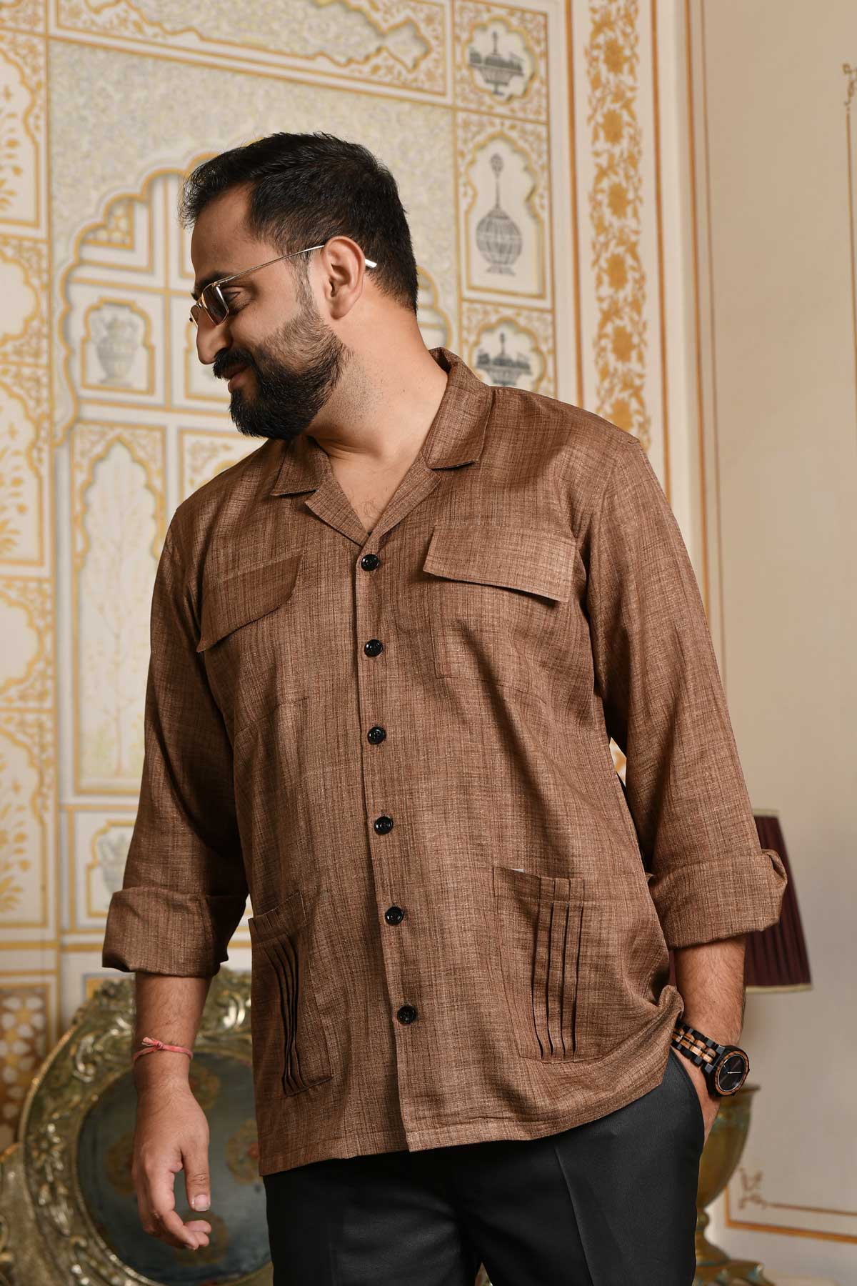 Earthen Craft - Brown Khadi blend Heritage inspired Cuban Collar Shirt